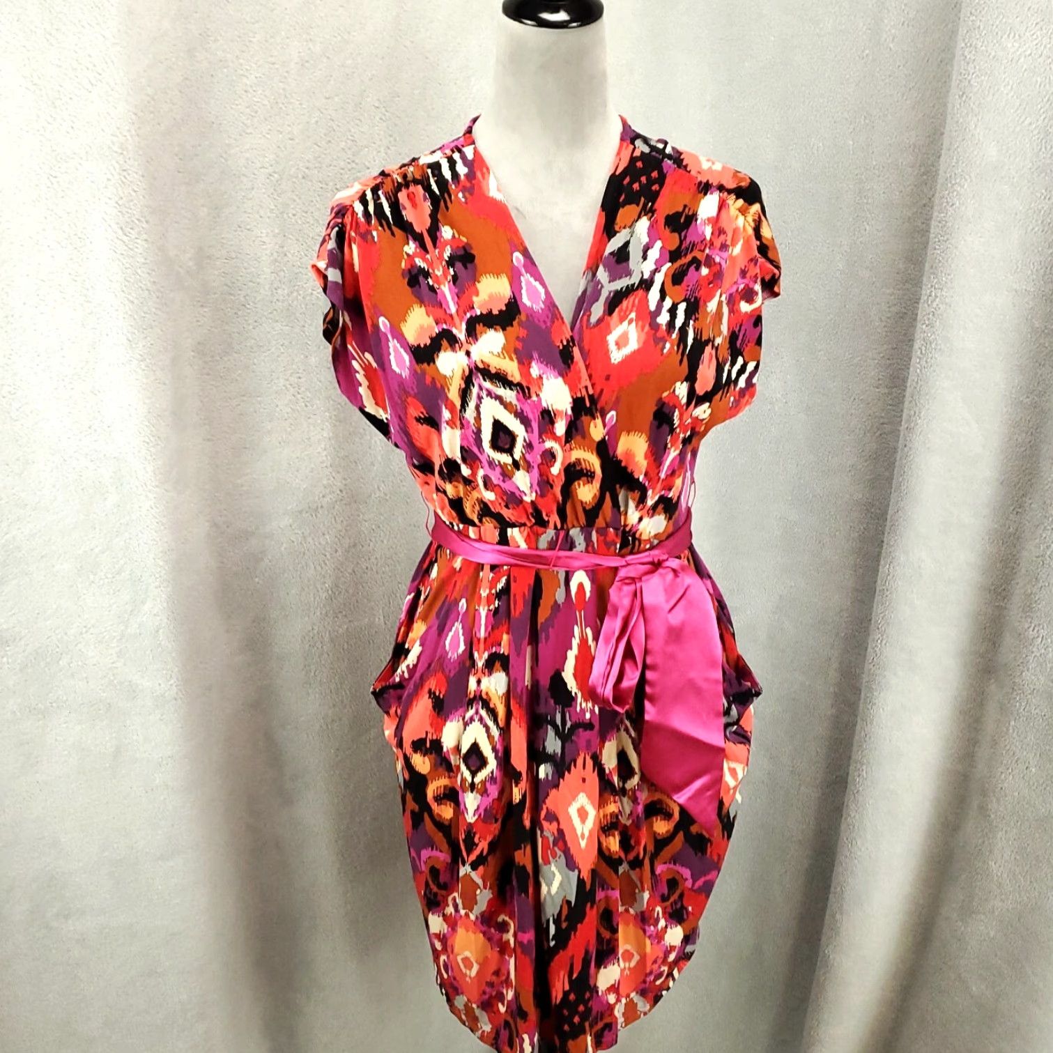 Anthropologie Uncle Frank Dress Womens S Belted Multi Print Geometric Short Sleeve V-Neck Polyester Spandex Mini Dress Size S / US 4 / IT 40 - 2 Thumbnail