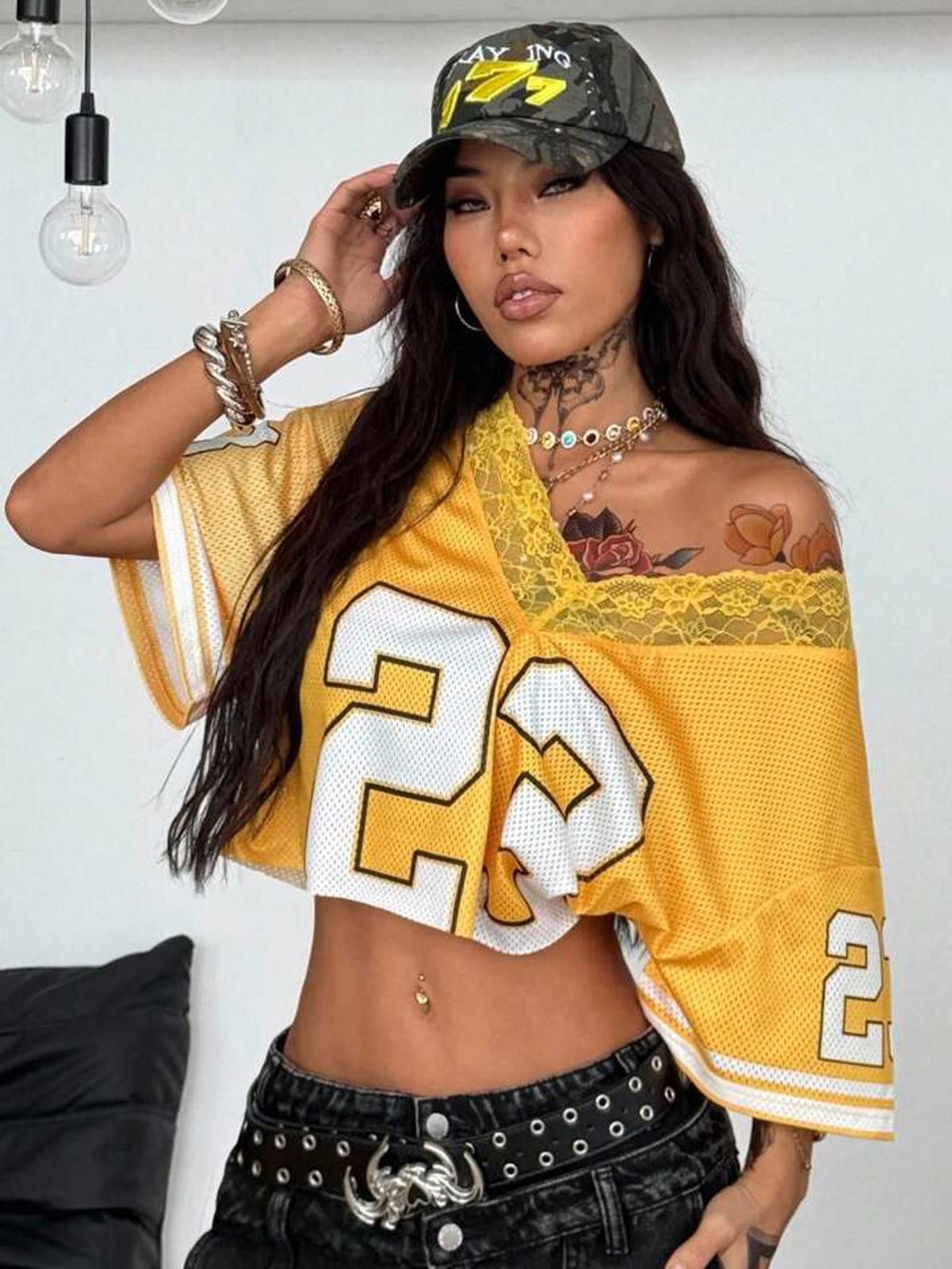 Other Yellow 23 Lace Trim Mesh Crop Top Jersey Size ONE SIZE - 2 Thumbnail