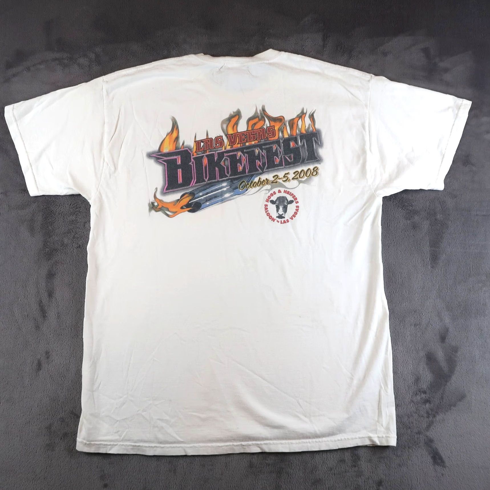 Fruit Of The Loom VINTAGE Las Vegas BikeFest T Shirt Mens XL White Cotton Graphic Print Motorcycle Event 2008 Hogs Heifers Shirt Mens XL Biker Event Vintage Size US XL / EU 56 / 4 - 2 Thumbnail