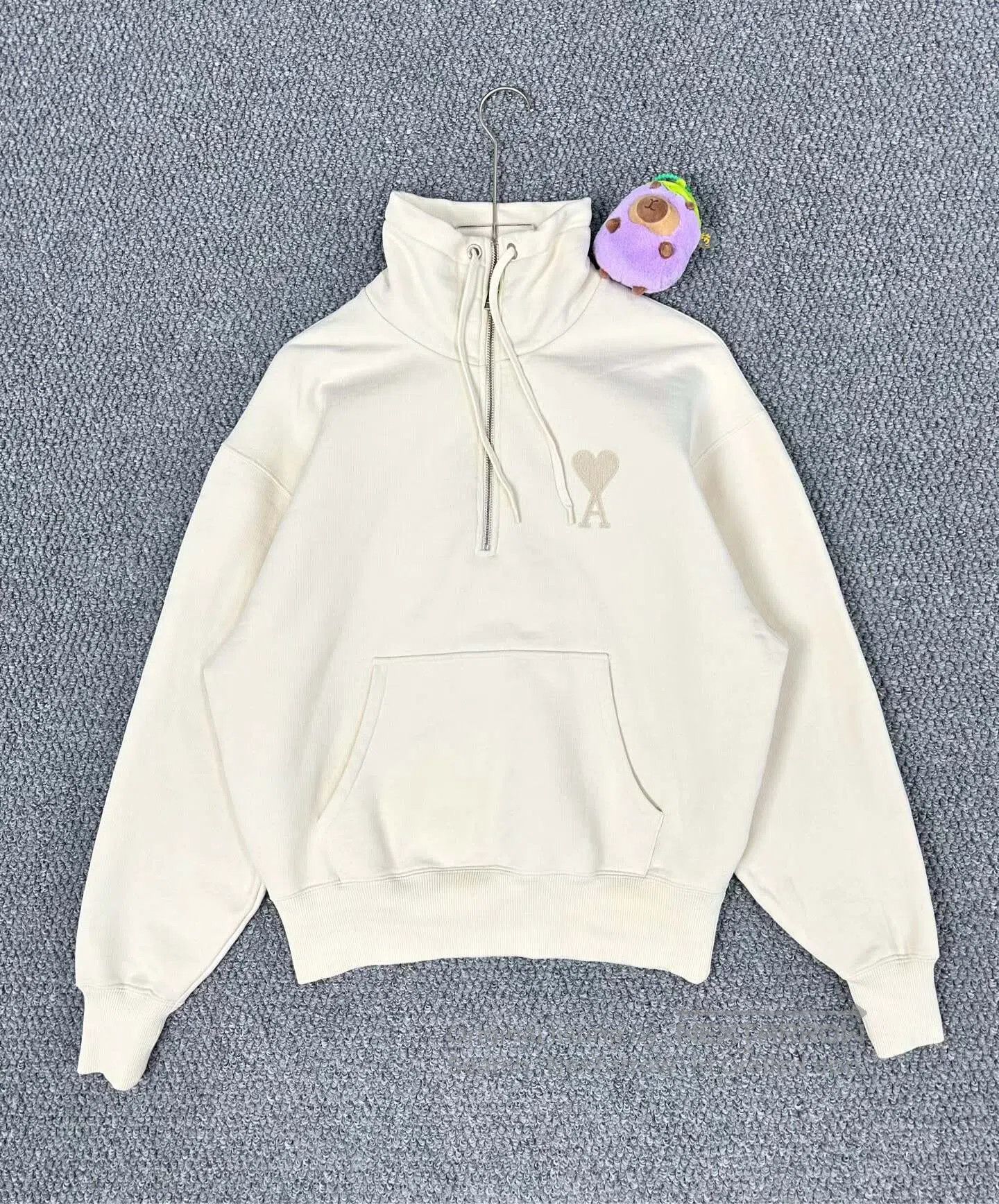 AMI Ami Beige Heart Embroidered Logo Semi-Zip Hoodie| Size US S / EU 44-46 / 1 - 1 Thumbnail