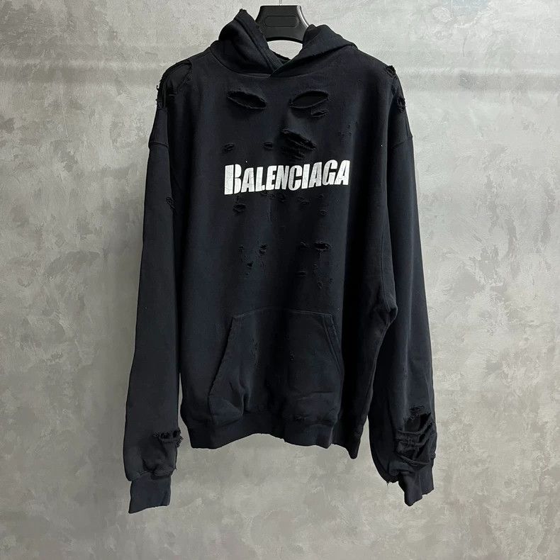 Balenciaga Black Hooded Sweatshirt with Distressed Details Size US S / EU 44-46 / 1 - 1 Thumbnail