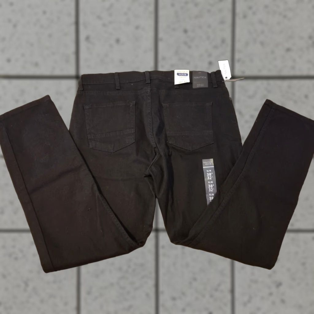 Nautica Nautica Jeans Mens 38x32 Slim Straight Black Denim 5-Pocket Logo Zip Regular Inseam 32 - Machine Washable Cotton Denim Pants Size US 38 / EU 54 - 1 Thumbnail
