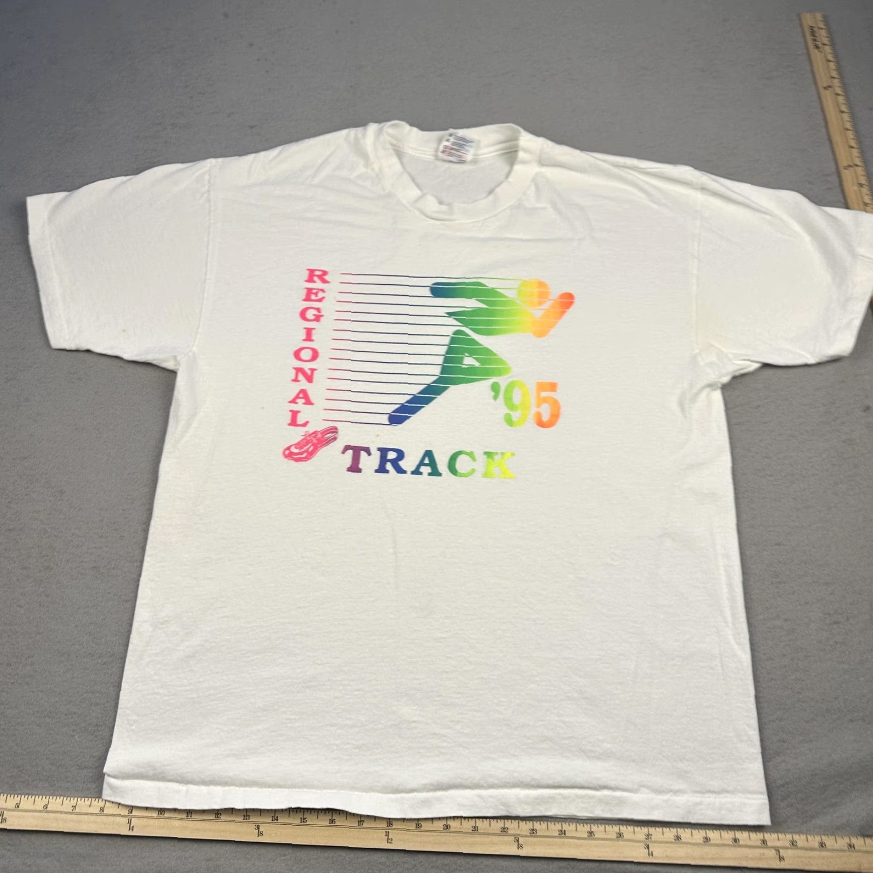 Hanes VINTAGE Regional Track Shirt Mens XL White 1995 Neon Rainbow Graphic Runner 90s Size US XL / EU 56 / 4 - 2 Thumbnail
