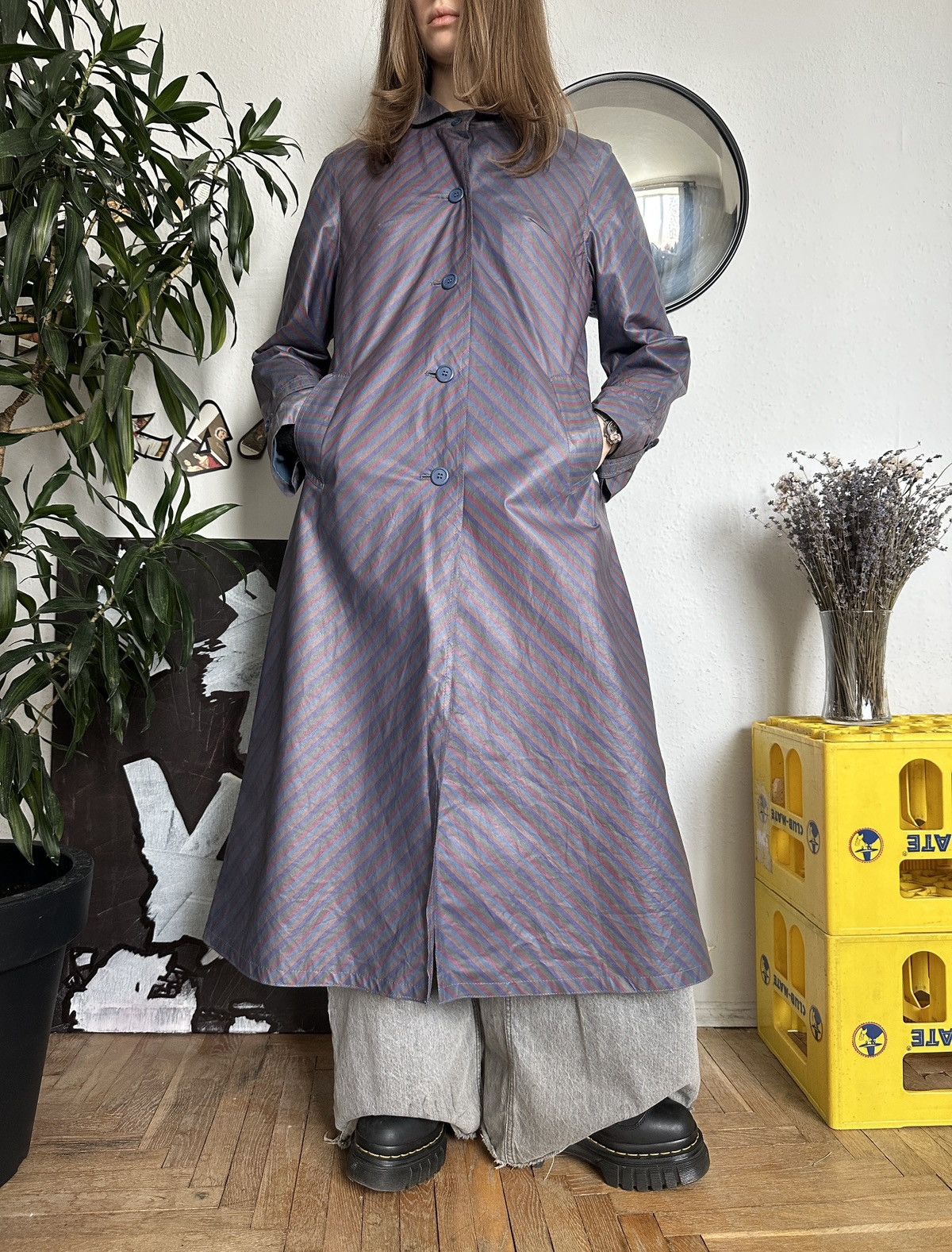 Japanese Brand × Vintage Striped Waterproof Rain Trench Hooded Coat 80s Size XS / US 0-2 / IT 36-38 - 2 Thumbnail