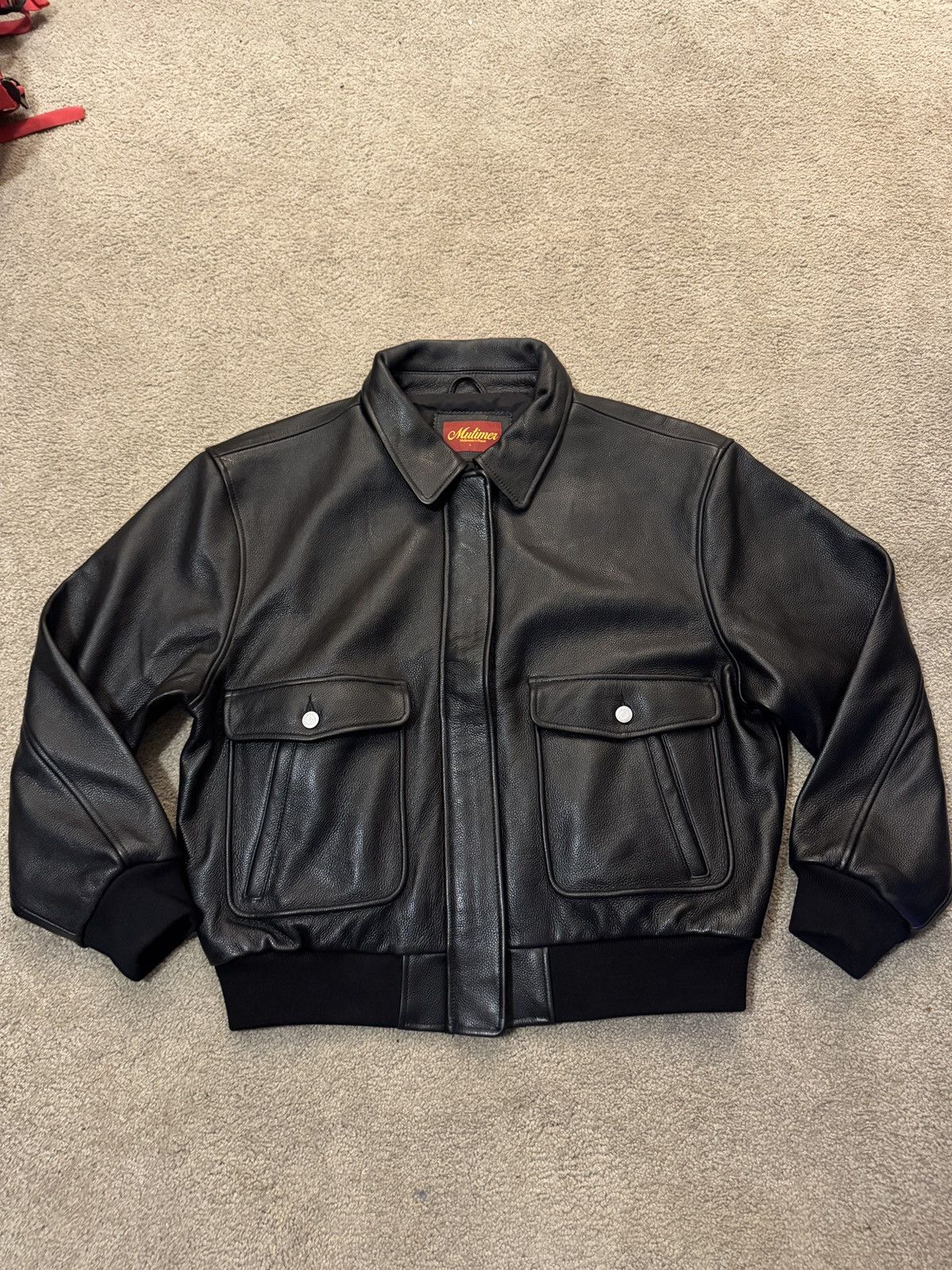 MUTIMER BLACK LEATHER BOMBER JACKET SIZE LARGE