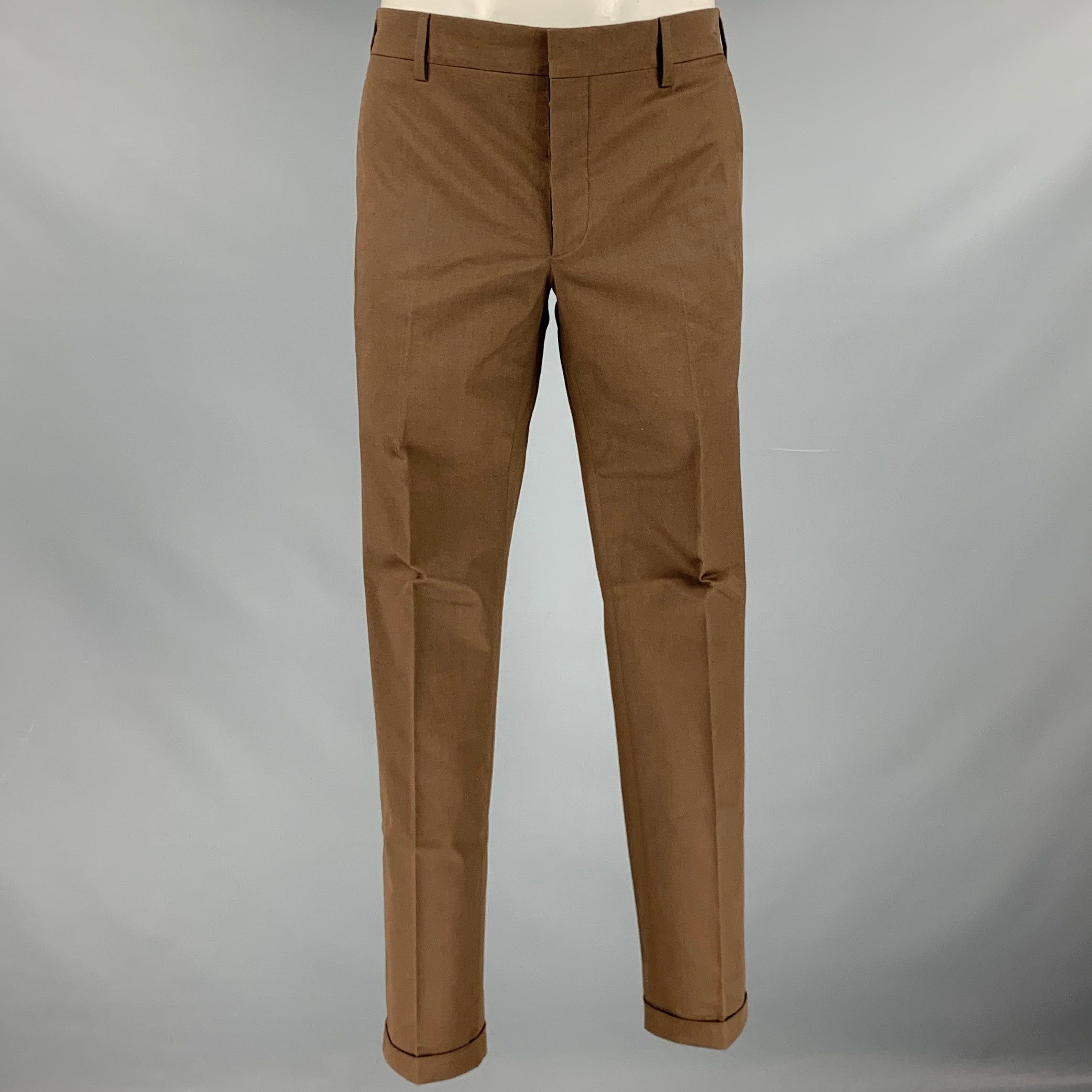 image of Prada Brown Cotton Blend Button Fly Dress Pants, Men's (Size 34)