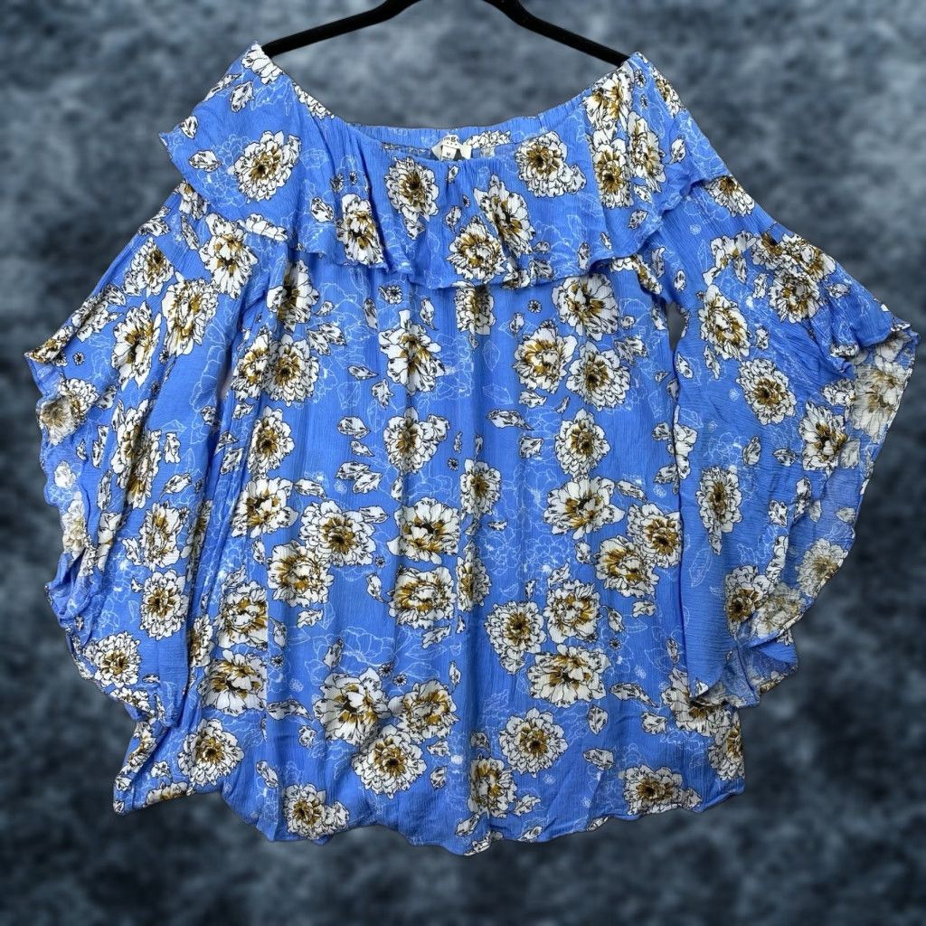 Bell UMGEE Blouse Off Shoulder Top 3/4 Bell Sleeve Blue Floral M Women Beach Boho Lightweight Cambray Shirt Size M / US 6-8 / IT 42-44 - 1 Thumbnail