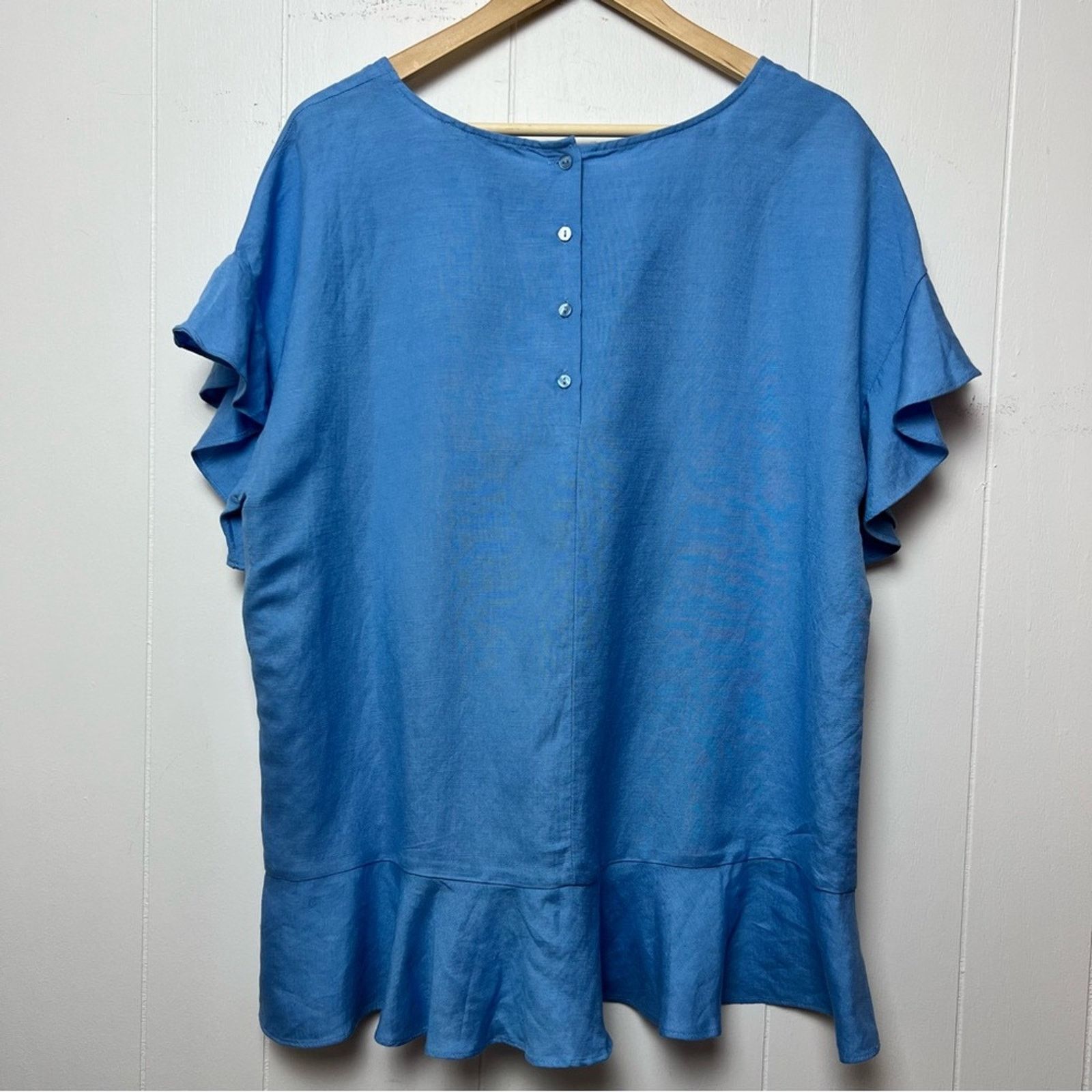 Lord & Taylor Blue Linen Blend Ruffle Sleeve Popover Blouse Size L Size L / US 10 / IT 46 - 8 Thumbnail