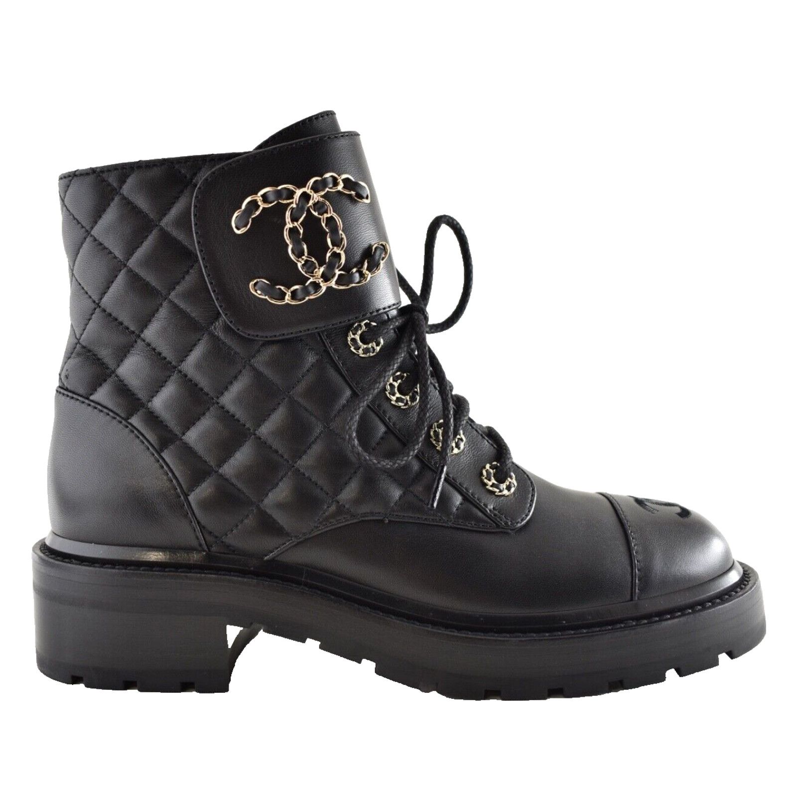 Chanel 21A Quilted Chain Combat Lace Up Tie Ankle Short Boots 38 Size US 8 / IT 38 - 1 Thumbnail