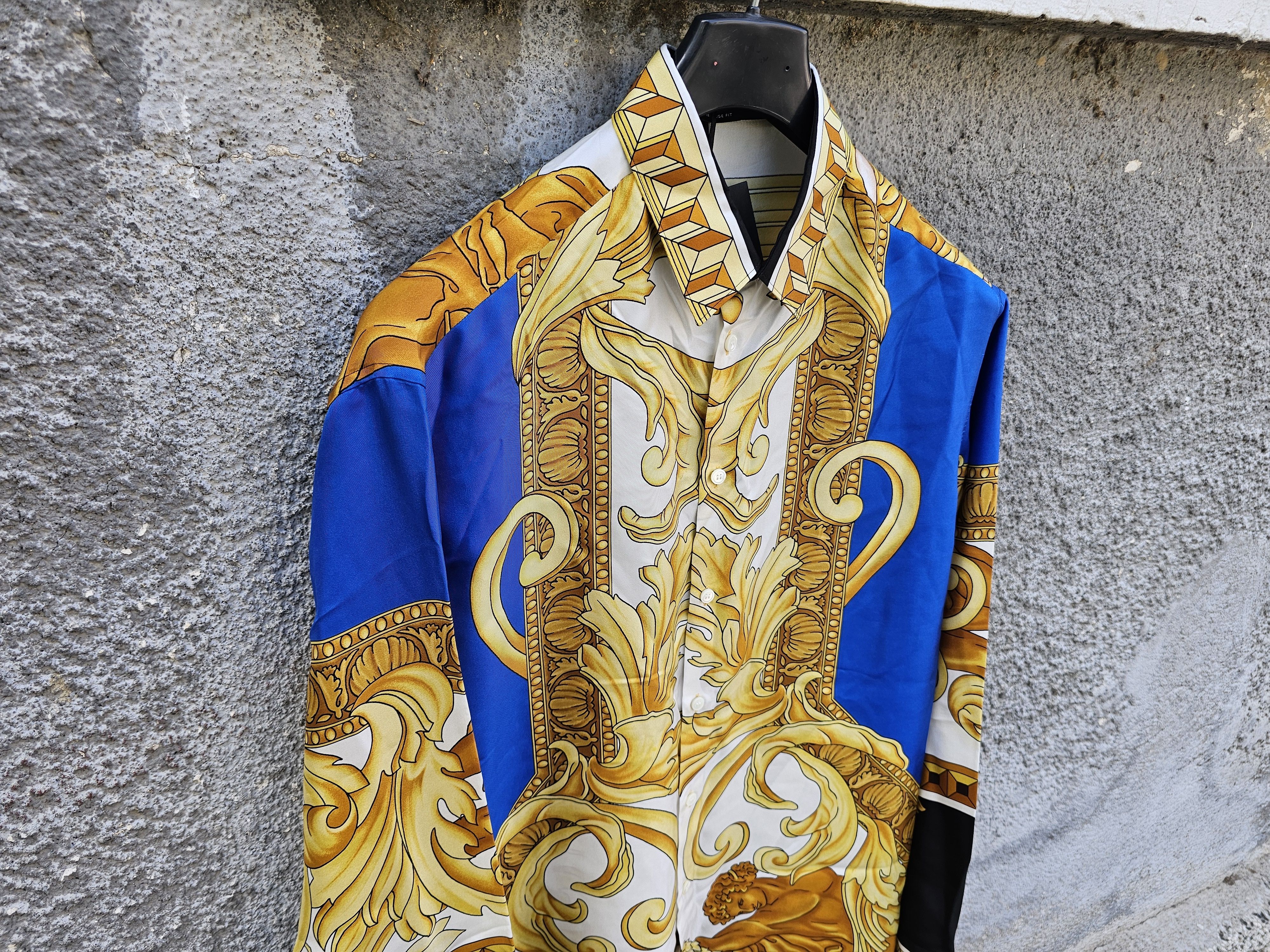 Versace $1350 VERSACE Gold and Blue Floral Baroque Medusa Silk Shirt Size 52L - 7 Thumbnail