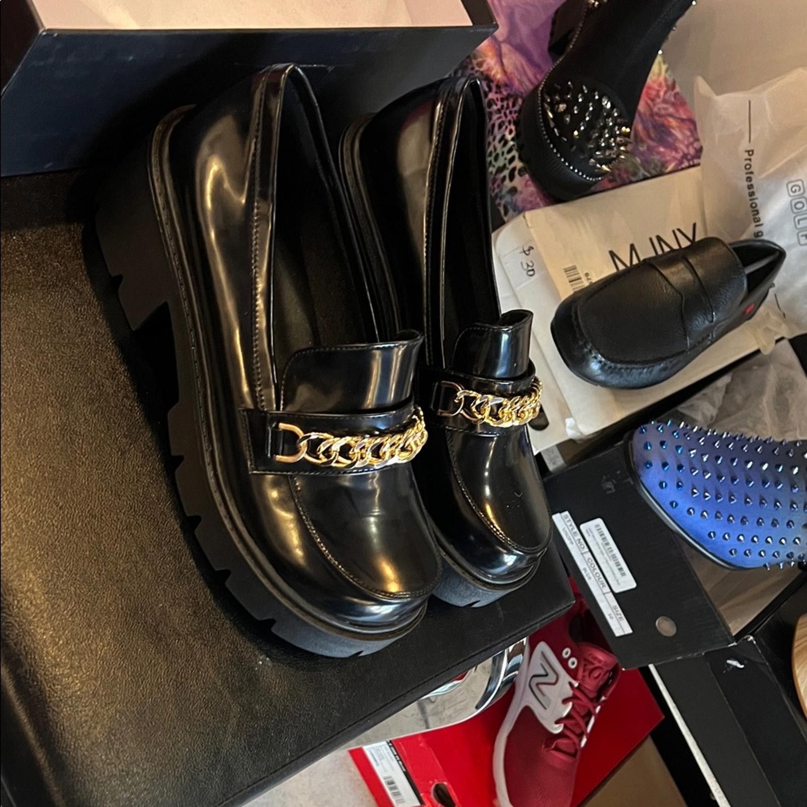 If Six Was Nine Glossy Black Loafers with Gold Chain Size US 9 / IT 39 - 2 Thumbnail