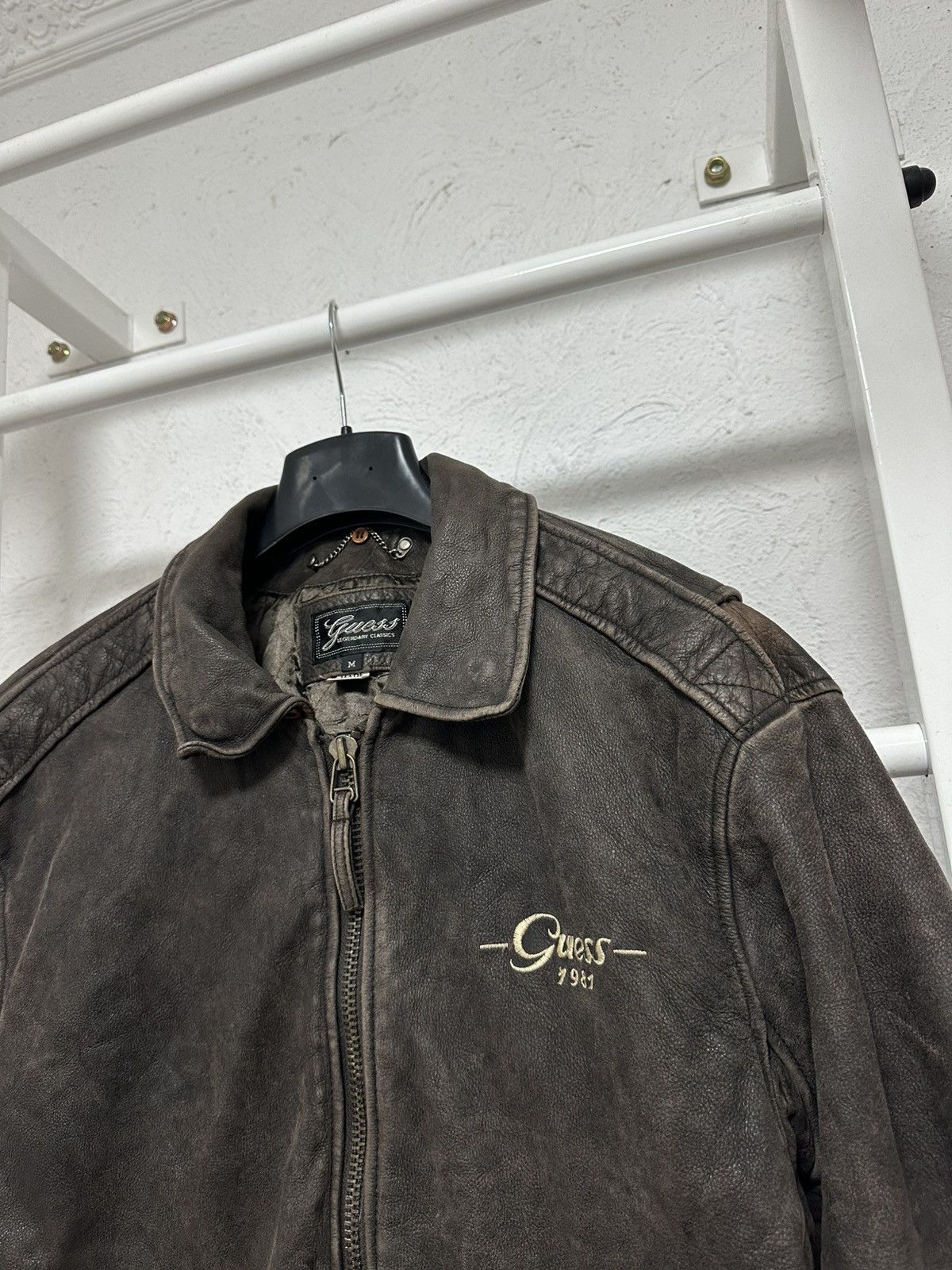 Vintage Guess Men’s Leather Jacket, Brown, Size M