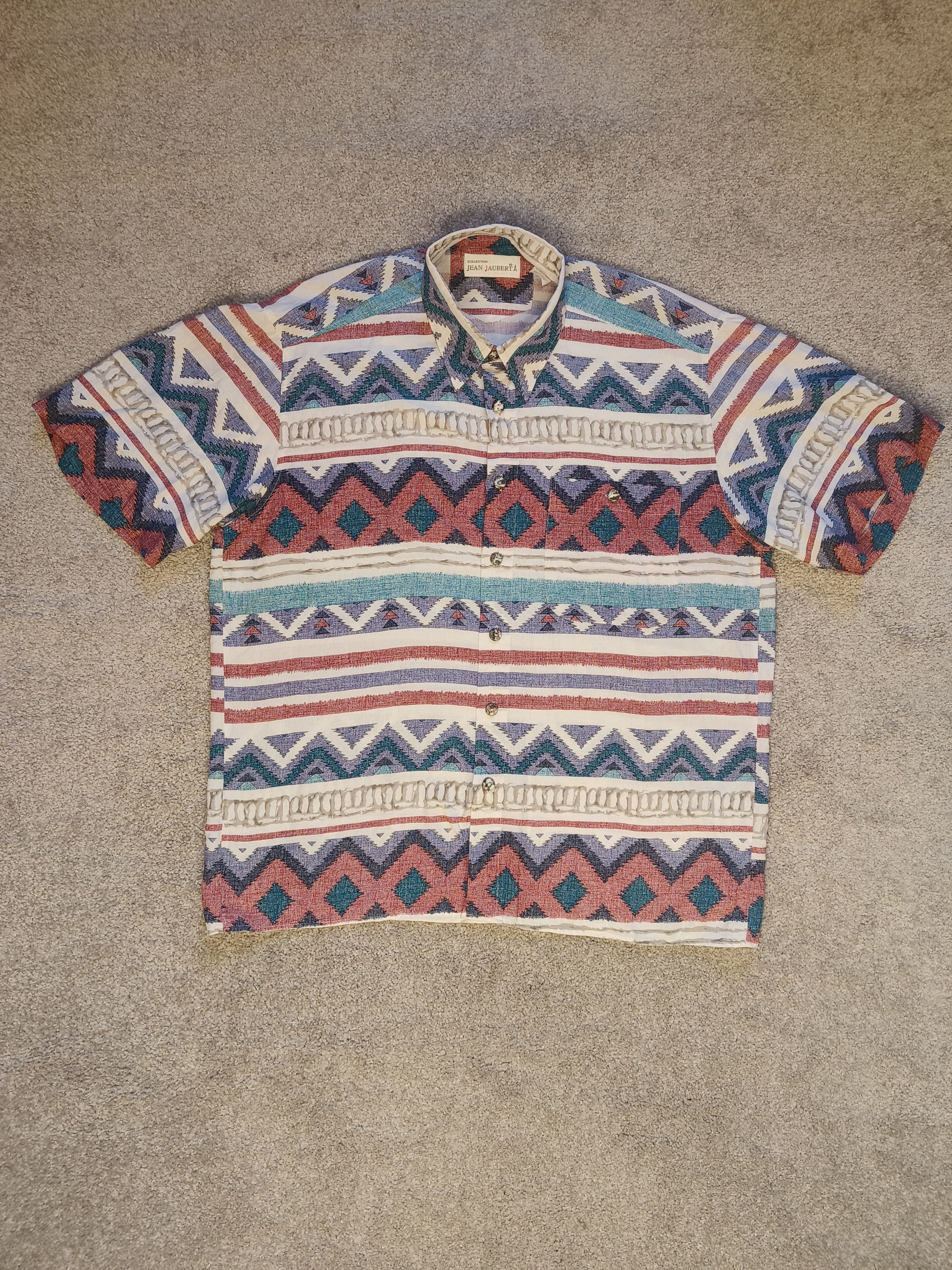 Vintage Jean Jaubert Aztec Tribal Print S/S Viscose Linen Shirt Size US L / EU 52-54 / 3 - 1 Thumbnail