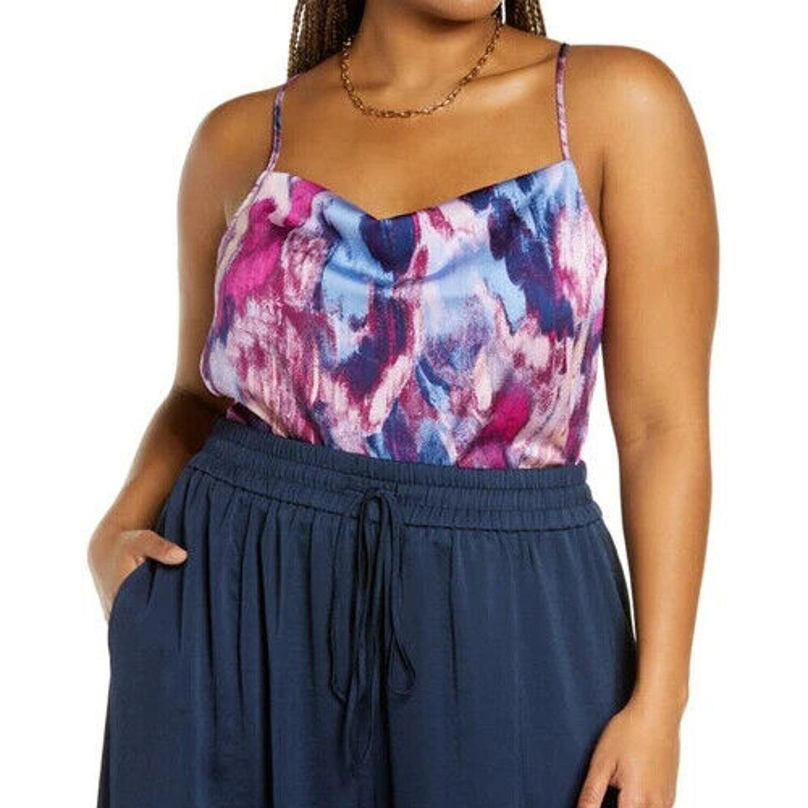 Nordstrom Open Edit Cowl Neck Satin Camisole Purple Chalk Camo Top Size XL / US 12-14 / IT 48-50 - 1 Thumbnail