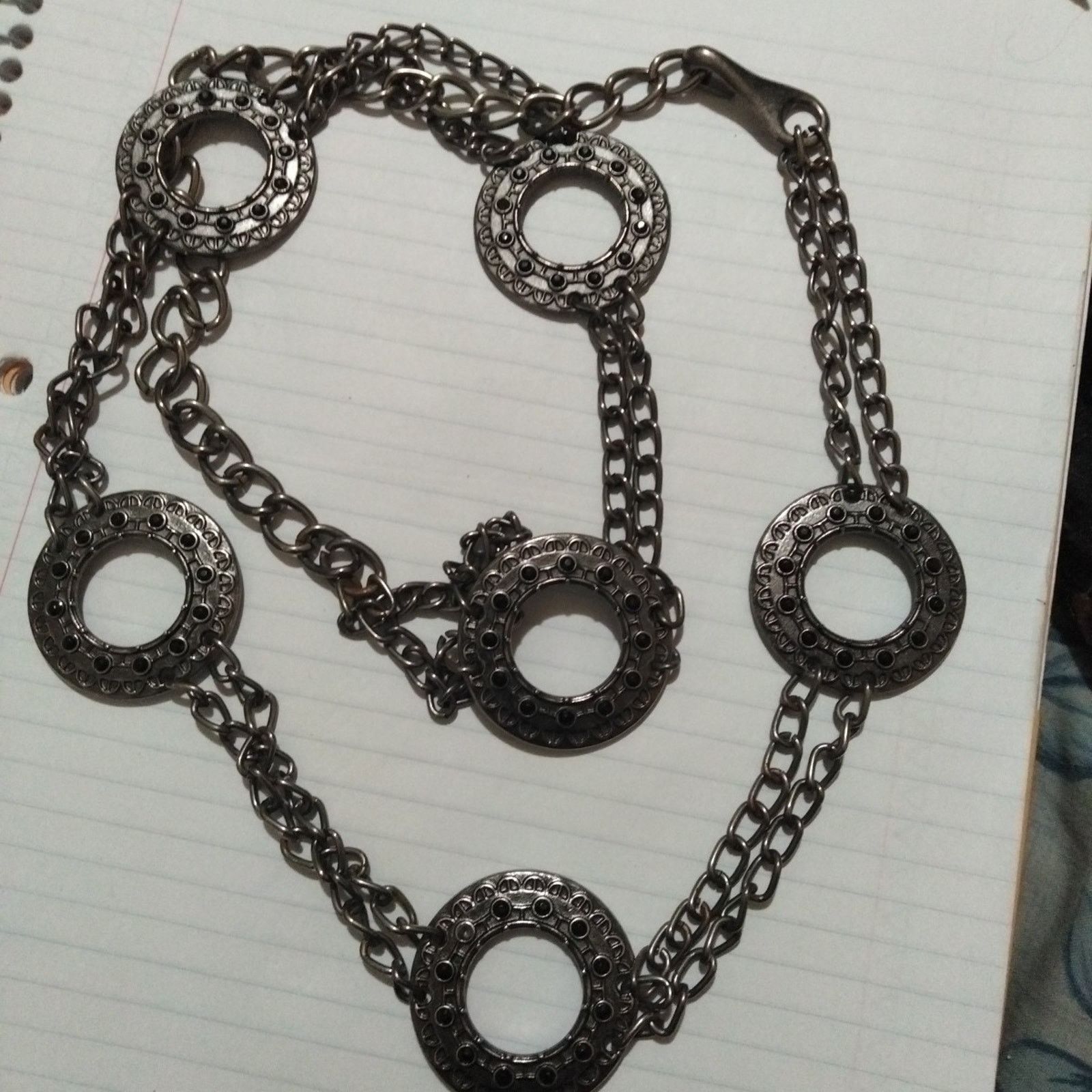 Other Dark Metal Chain Belt w Black Rhinestones 42" w Medallions Size ONE SIZE - 1 Thumbnail
