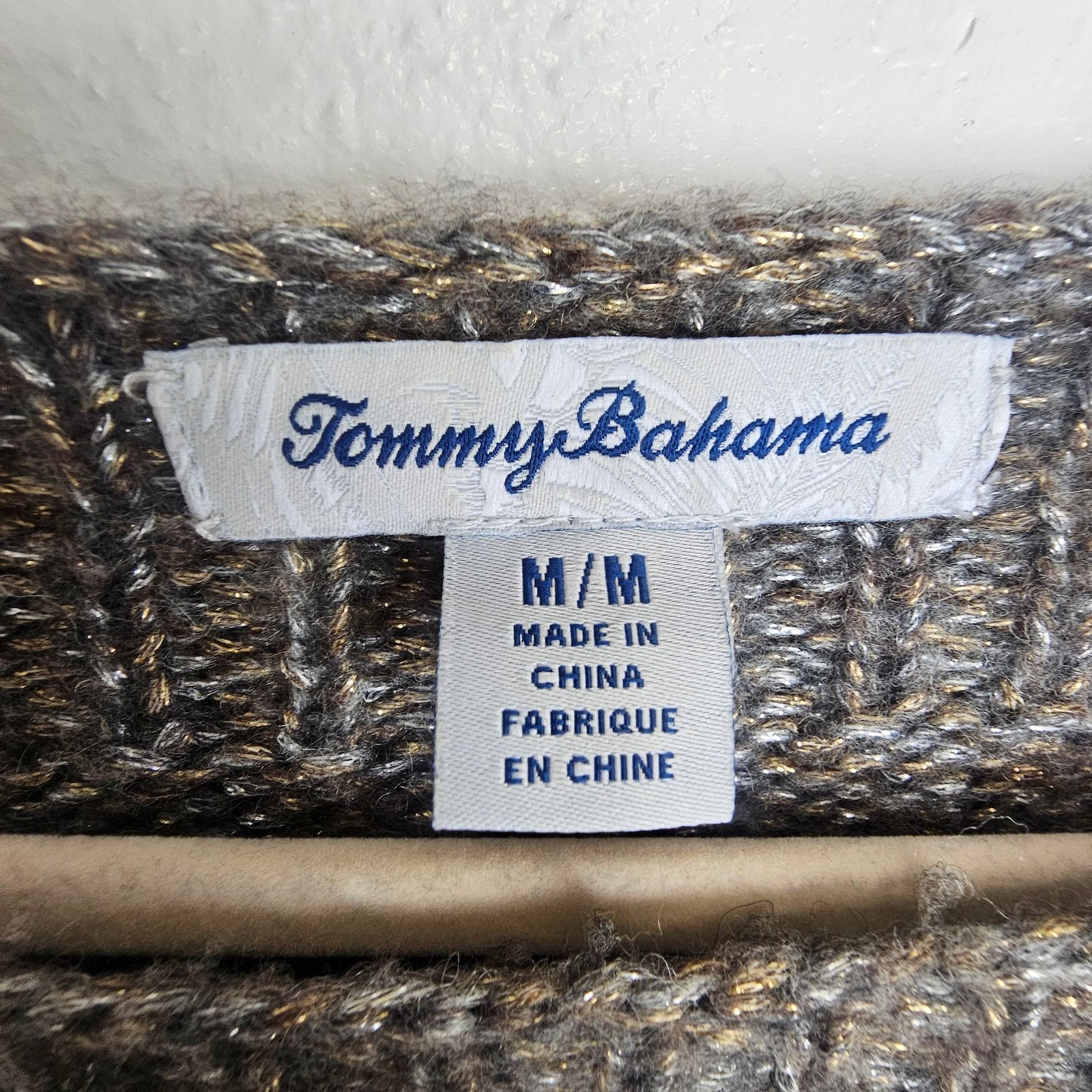 Tommy Bahama Women Wool Metallic Sweater M Open Knit Sleeves