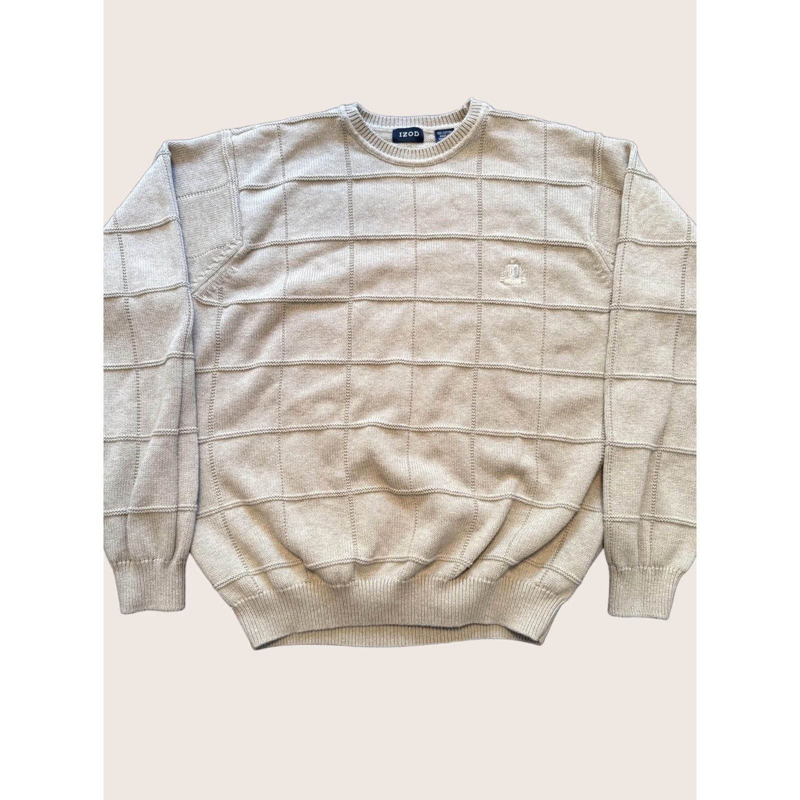 Izod IZOD Sweater Mens Large Beige Tan Windowpane Knit Crewneck Pullover Crest Logo Size US L / EU 52-54 / 3 - 1 Thumbnail