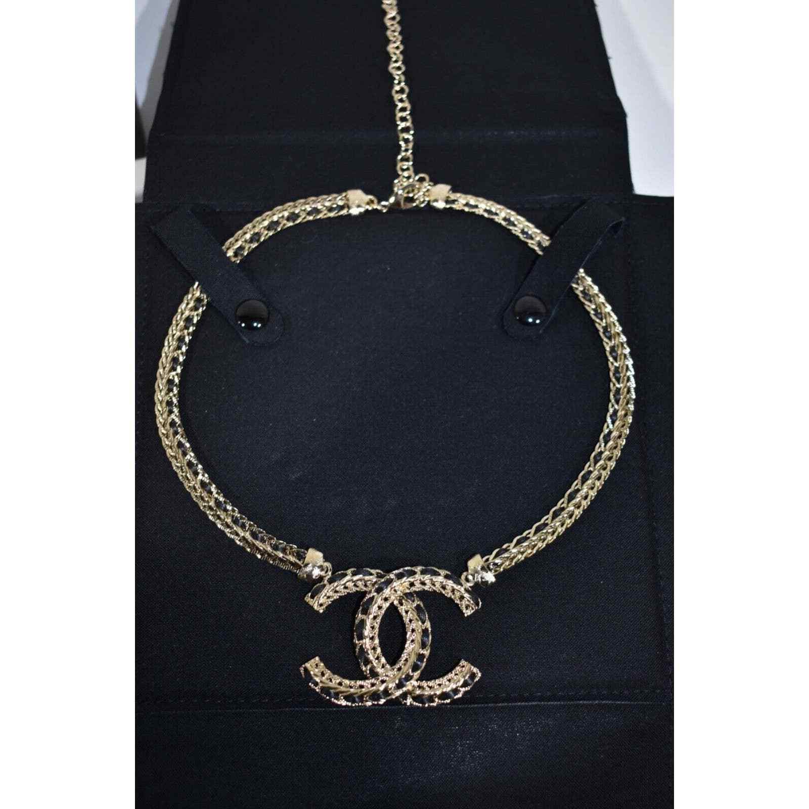 Chanel Chanel 22S Gold Metal Black Leather Pendant Choker Necklace Size ONE SIZE - 8 Thumbnail