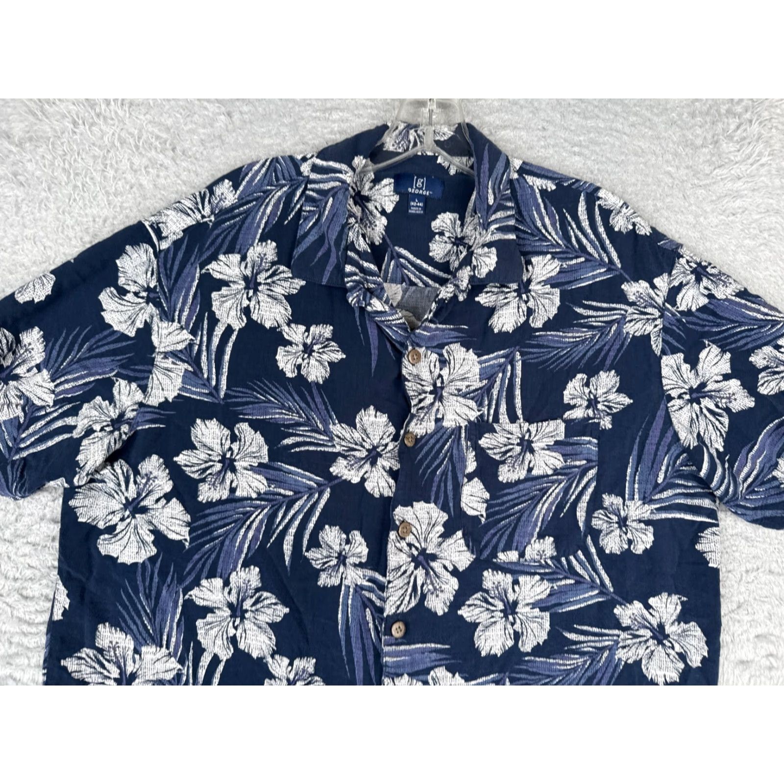 George George Shirt Adult Large Blue White Floral Leaf Button Up Hawaiian 100% Rayon Size US L / EU 52-54 / 3 - 4 Thumbnail