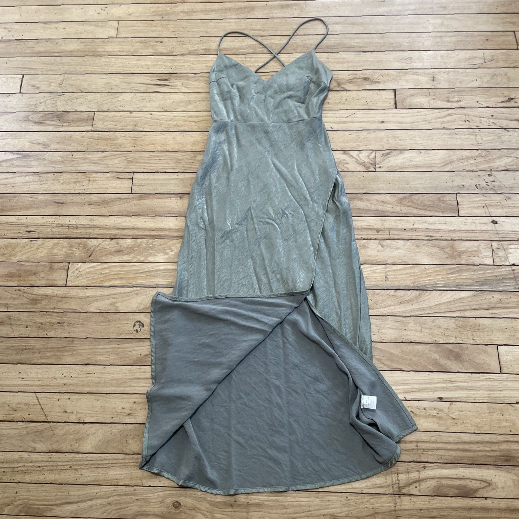 Hello Molly Slip Dress Womens 2 Sage Green Satin Strappy Backless Slit Midi  Dress