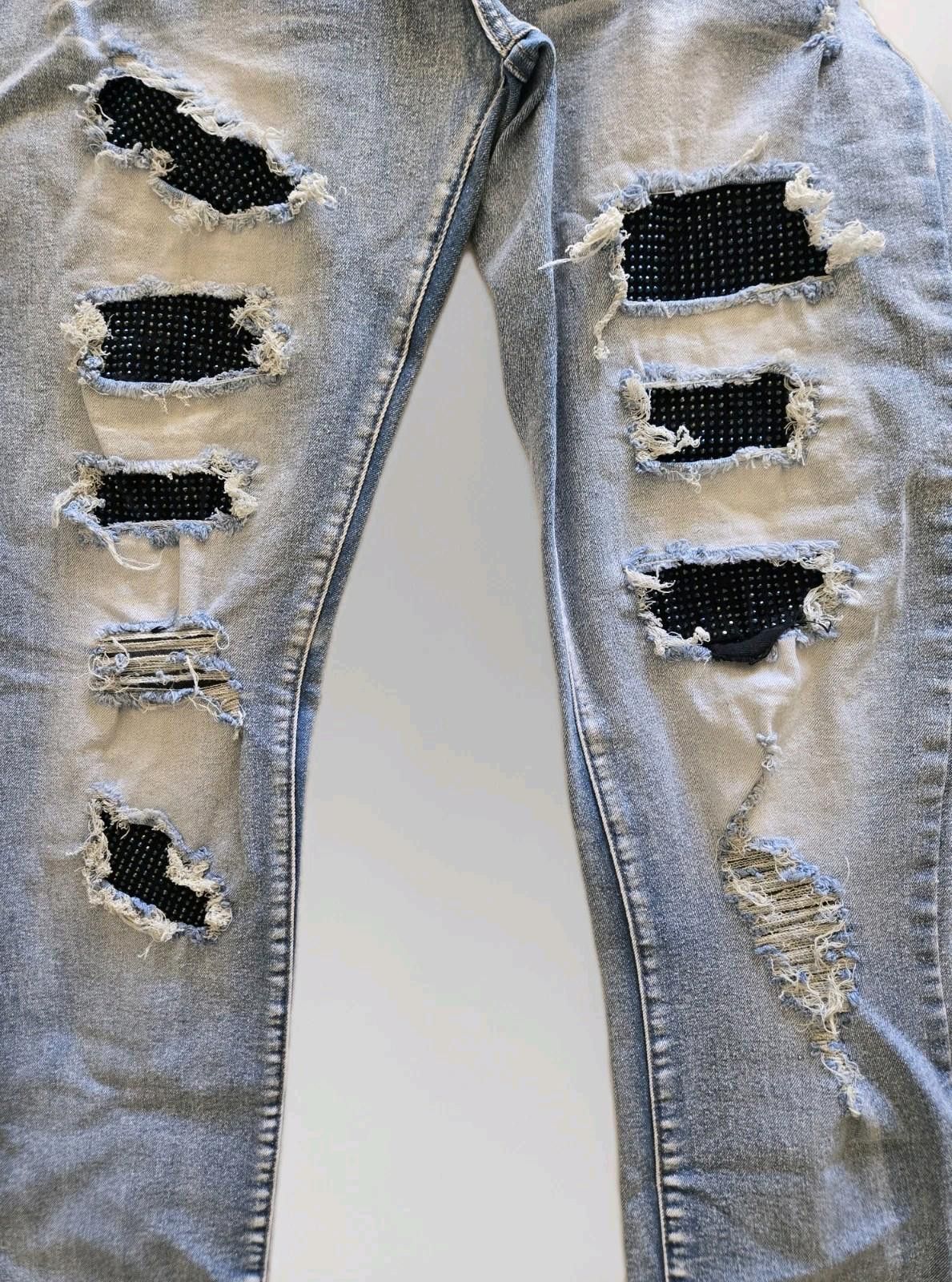 Jean Upcycled Handmade Patchwork Sequins Jeans 36x32 Embellished Size US 36 / EU 52 - 2 Thumbnail