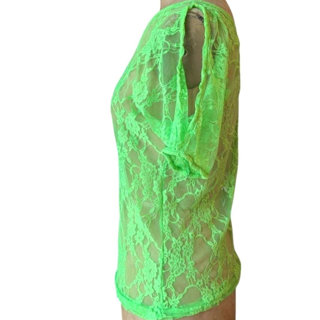 Vintage VINTAGE Deb Neon Green Sheer Lace Cold Shoulder Top Juniors Small Y2K Coquette Whimsigoth Womens Size S / US 4 / IT 40 - 2 Thumbnail