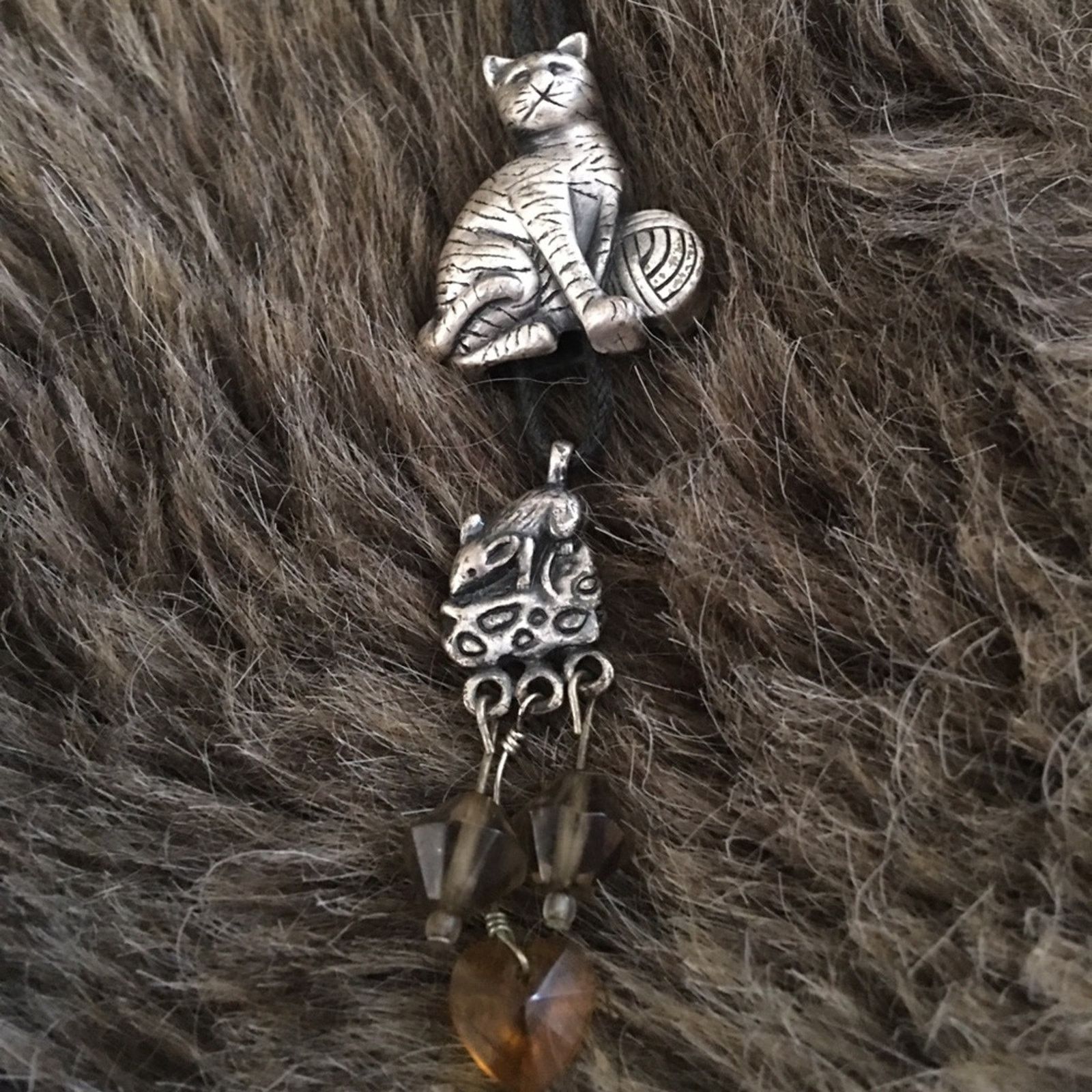 Jewelry Silver cat pendant on cord with hidden mouse Size ONE SIZE - 8 Thumbnail