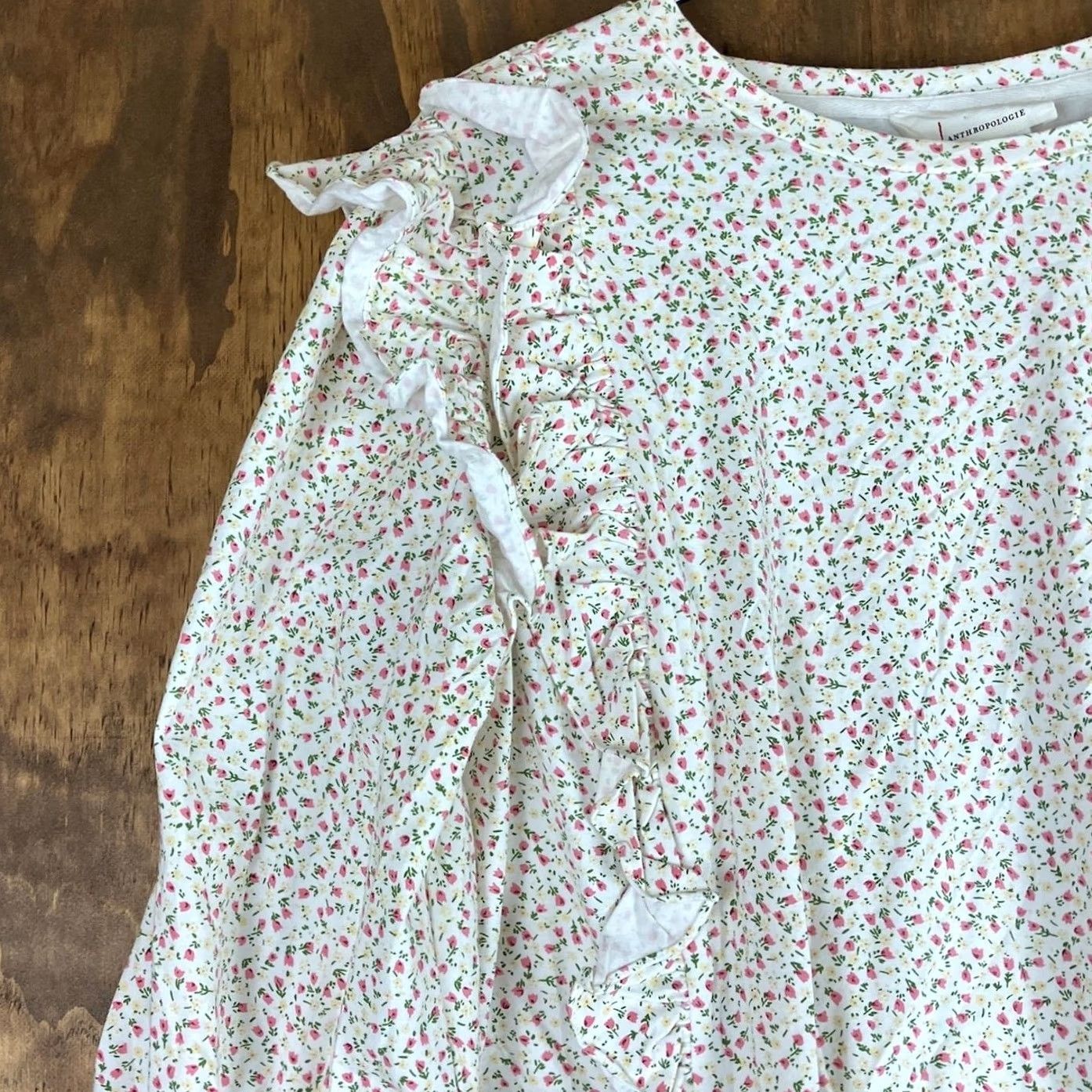 Anthropologie Anthropologie Womens Blouse White Floral Allaire Ruffled Puffed Long Sleeve L Size L / US 10 / IT 46 - 4 Thumbnail