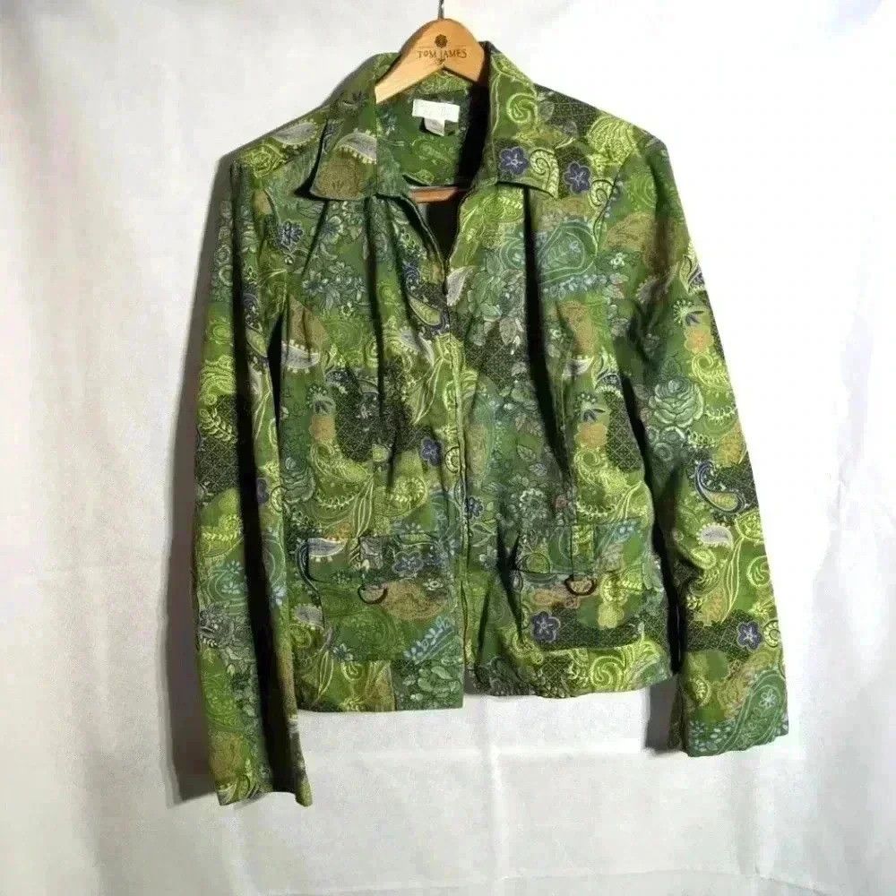 Designer Green Paisley Cotton Jean Jacket sz XL by Christopher and B Size XL / US 12-14 / IT 48-50 - 1 Thumbnail