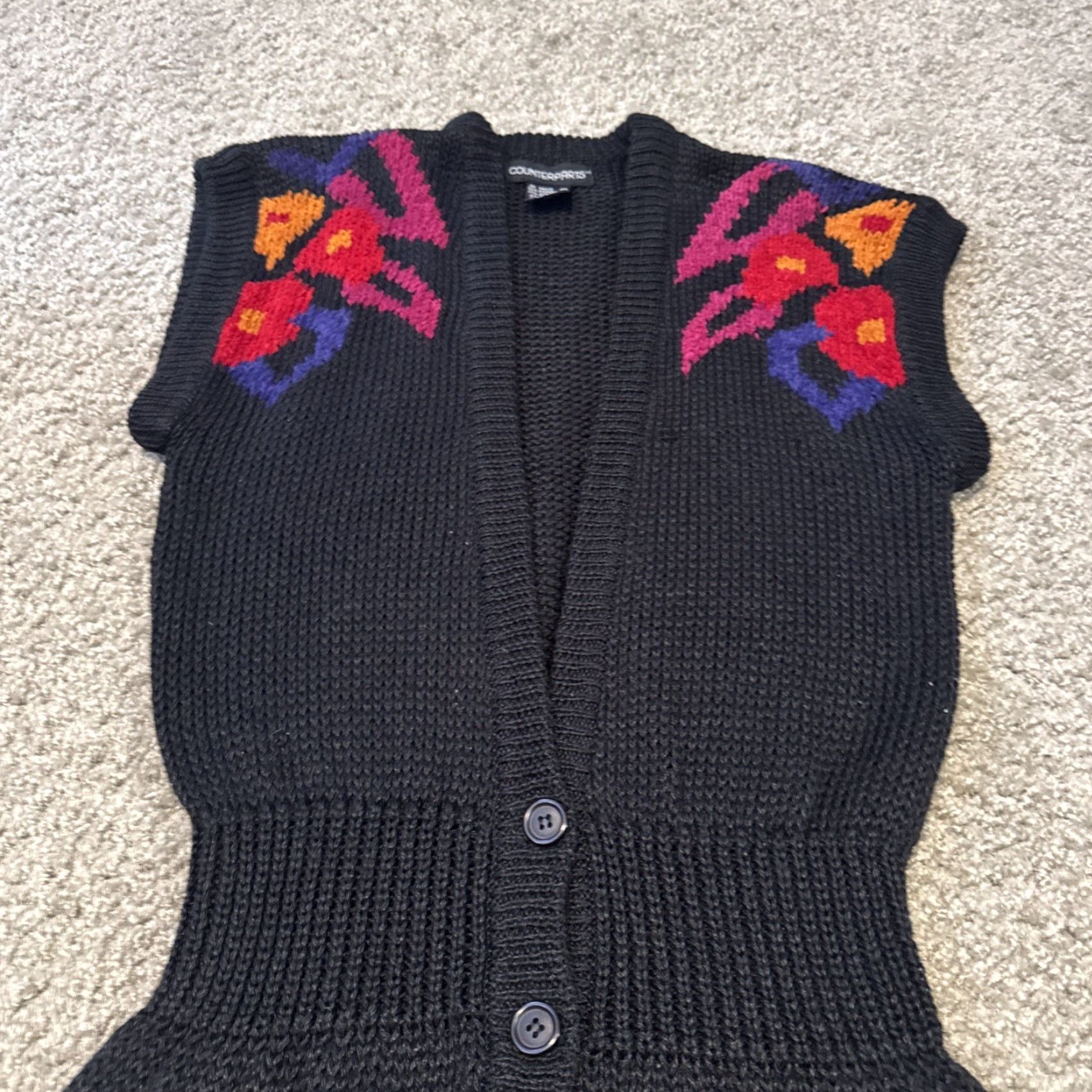 J Brand VINTAGE Counterparts Black Floral Knit Cardigan Sleeveless Sweater L Women 80s Size L / US 10 / IT 46 - 3 Thumbnail