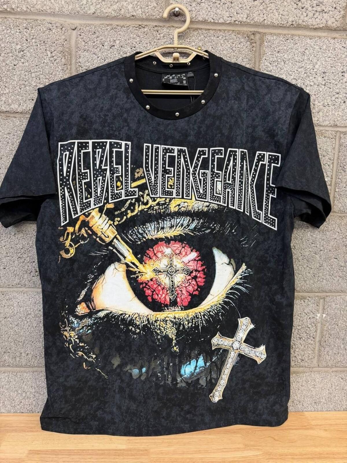 Reel Legends Rebel Vengeance Eye Cross Studded Tee Black Acid Wash 3X NWT Size US XXL / EU 58 / 5 - 1 Thumbnail