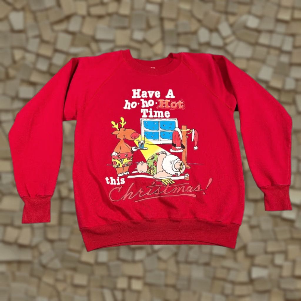Vintage VINTAGE Christmas Sweater Men Raglan Red 90s Have A Ho-Ho-Hot Time Santa 1st Class Size US M / EU 48-50 / 2 - 1 Thumbnail