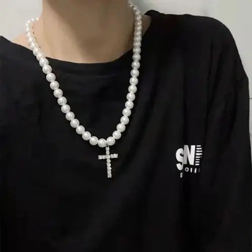 Japanese Brand Punkrock Diamond Cross Glitter Pearls Necklace Chain Size ONE SIZE - 6 Thumbnail
