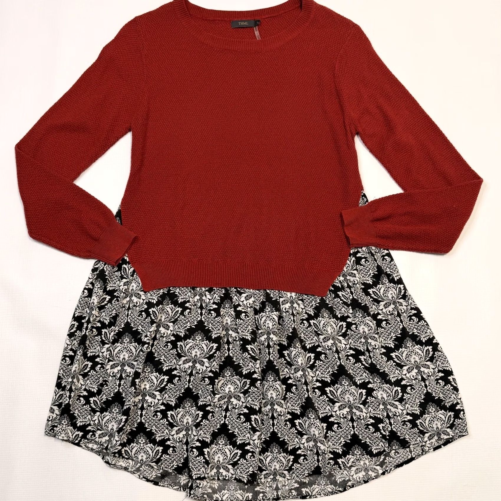 Vintage THML Sweater Dress Womens Large Red Black Floral Knit Long Sleeve Mixed Media Size L / US 10 / IT 46 - 4 Thumbnail