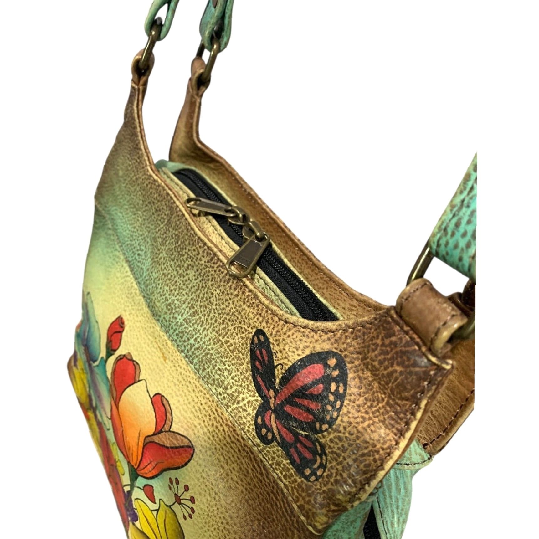 Vintage VINTAGE Anuschka Flower Leather 3 Compartment Shoulder Bag Hand-Painted USA Women Leather Shoulder Bag 9"h 10.5"l 3.25"d Green Size ONE SIZE - 4 Thumbnail