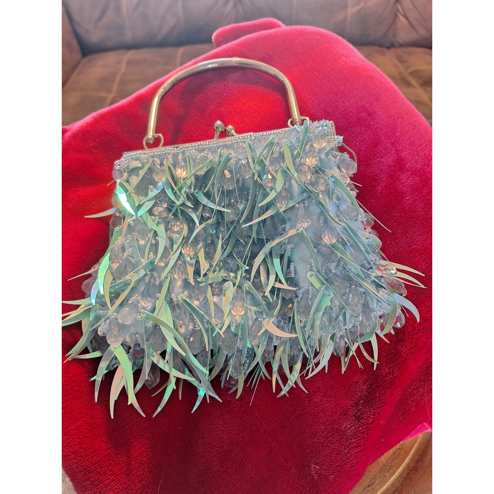 Non Identifie Clutch Hand-Held Purse Dangle Beaded Metallic Sky Blue, Women's