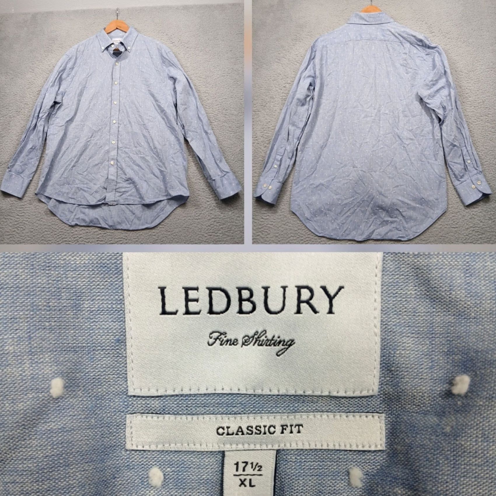 Vintage Ledbury Dress Shirt Men's XL 17.5 Blue Dot Oxford Classic Fit Long Sleeve Button-Down Collared Wrinkle Resistant Size 46R - 2 Thumbnail