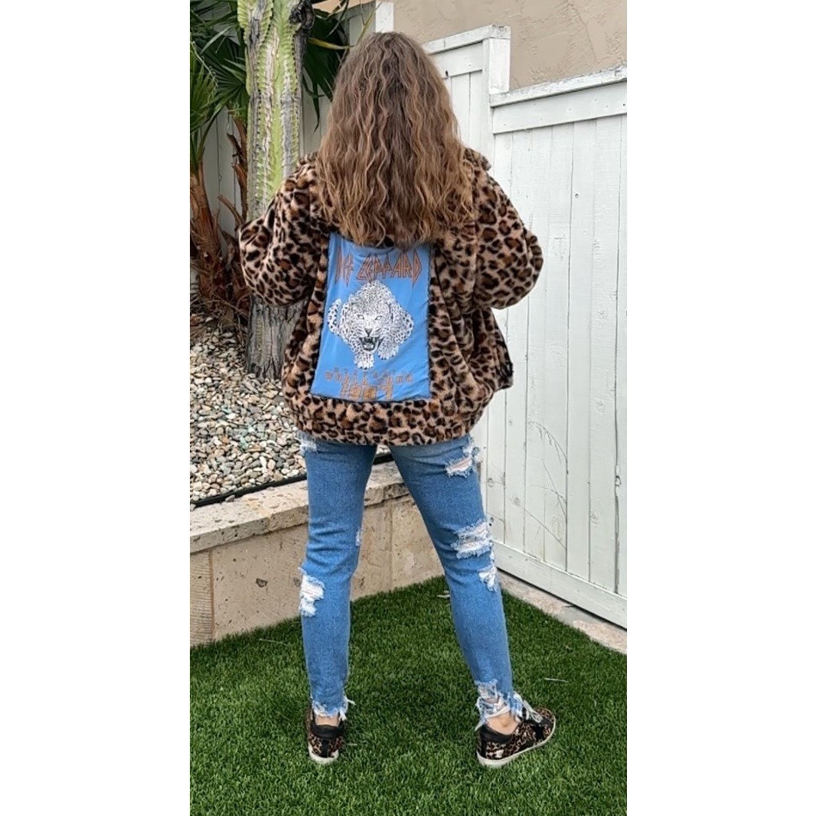 Shein DEF LEPPARD 80s Rock Upcycled Retro Leopard Faux Fur Jacket Size L / US 10 / IT 46 - 1 Thumbnail