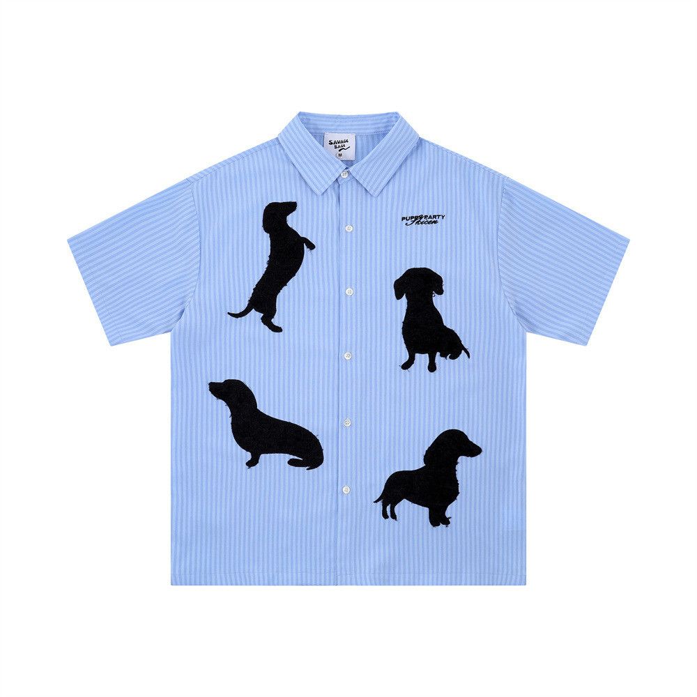 Japanese Brand × Vintage Men's fun embroidered puppy loose casual striped shirt y2k Size US M / EU 48-50 / 2 - 1 Thumbnail