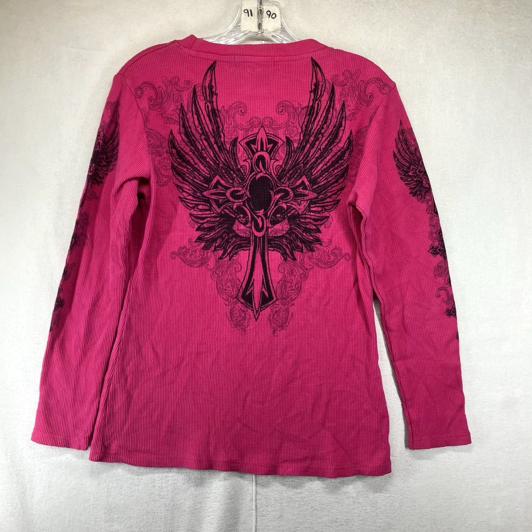 Vintage VINTAGE Old School Cross Wings Rhinestone Thermal Shirt Womens L Magenta Pink 90s Y2K Geometric Long Sleeve Crew Neck Size L / US 10 / IT 46 - 2 Thumbnail