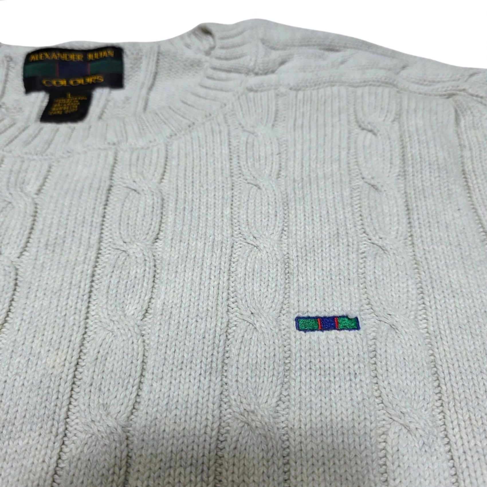 Alexander Julian VINTAGE Alexander Julian Colours Sweater Mens Large Cream Cable Knit 100% Cotton Pullover Knit Crew Neck Long Sleeve Size US L / EU 52-54 / 3 - 2 Thumbnail