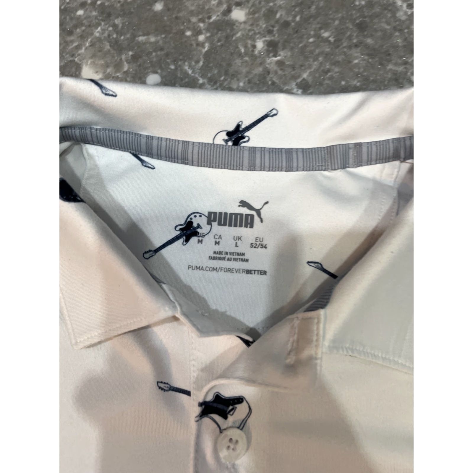 Puma Puma Golf Polo Mens M White Geometric Guitar Print Logo Breathable Moisture Wicking Short Sleeve Regular Fit All Seasons Athletic Shirt Size US M / EU 48-50 / 2 - 2 Thumbnail