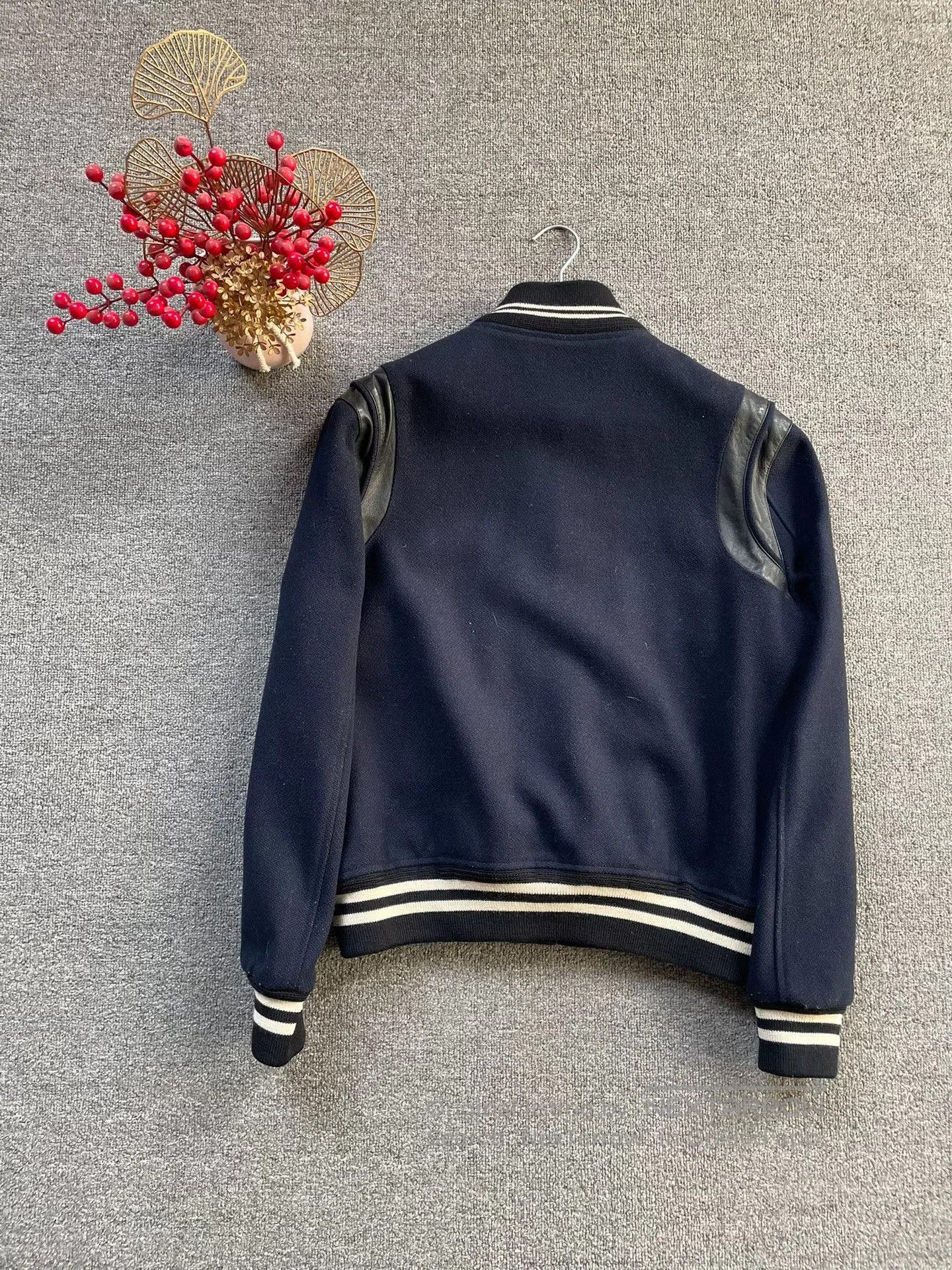 Saint Laurent Paris Saint Laurent Navy Wool Leather Sleeve Jacket. Size US M / EU 48-50 / 2 - 2 Thumbnail