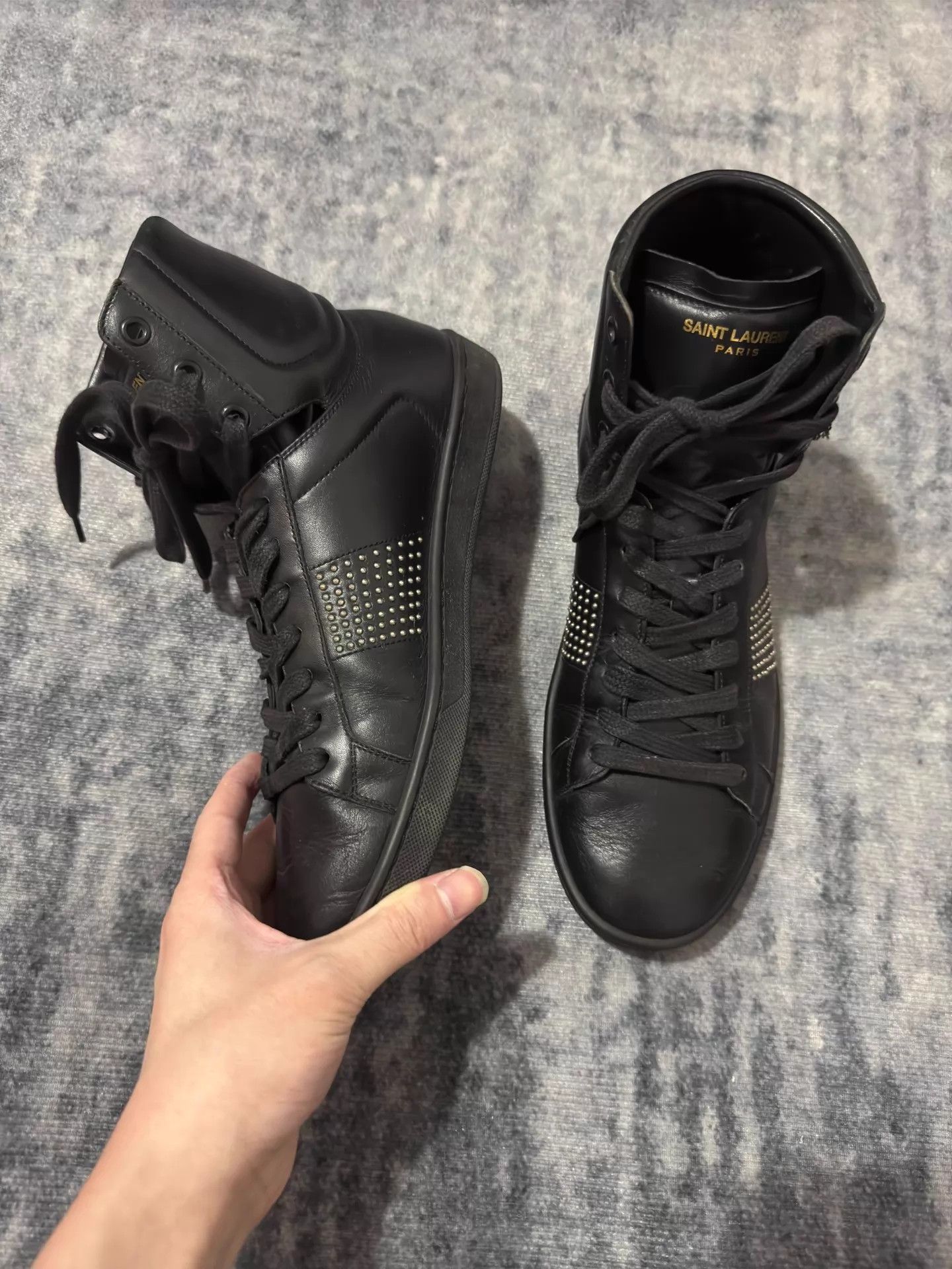 Saint Laurent Paris SLP 13ss Blackout Oil Leather High Top Rivet Skate Size US 6.5 / EU 39-40 - 3 Thumbnail
