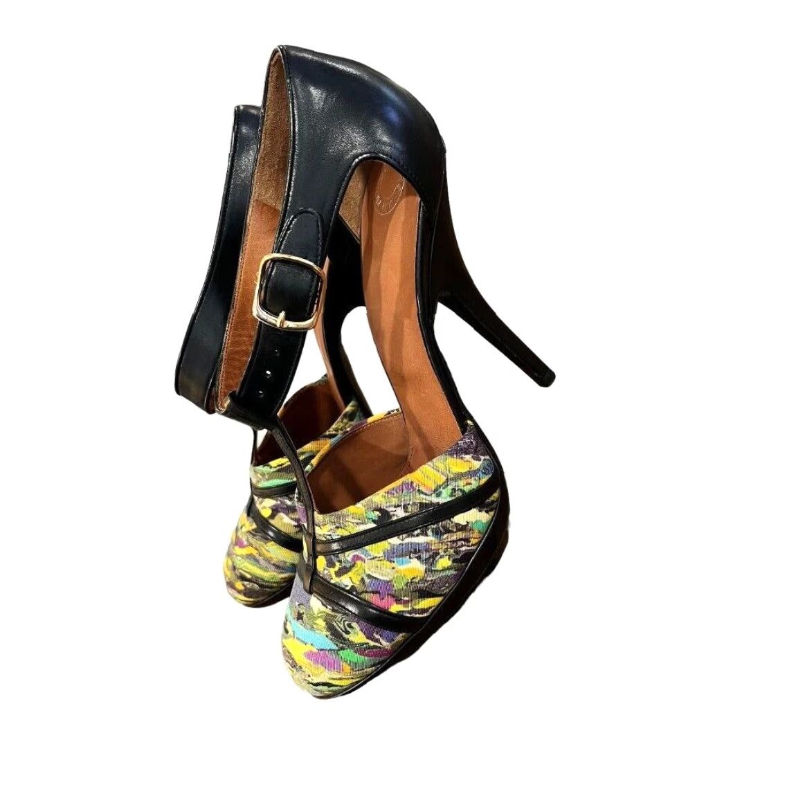 Dries Van Noten DRIES VAN NOTEN Pump Heel Women Multicolor T-Strap Leather Fabric 4.5" Stiletto Buckle Close Toe US 9 EUC GMO Size US 9 / IT 39 - 3 Thumbnail