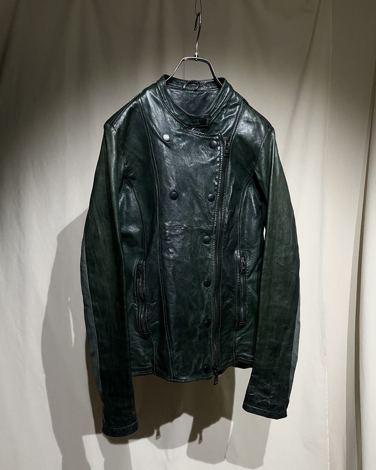 Giorgio Brato Giorgio Brato Oxidized Green Asymmetric Snap Leather Jacket Size S / US 4 / IT 40 - 15 Thumbnail