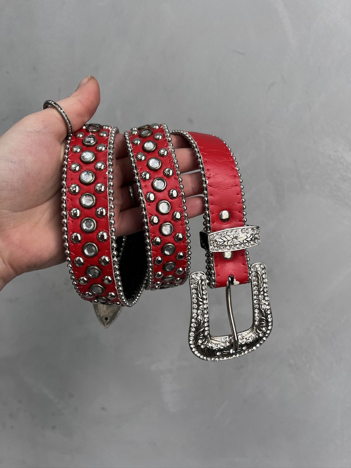 B.B.Simon Red Studded Leather Belt Punk Y2K