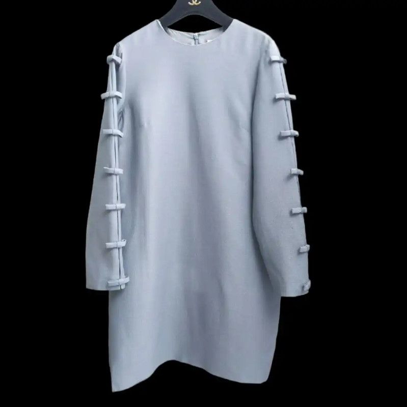 Valentino Blue-Grey Wool Long Sleeve Dress 0089