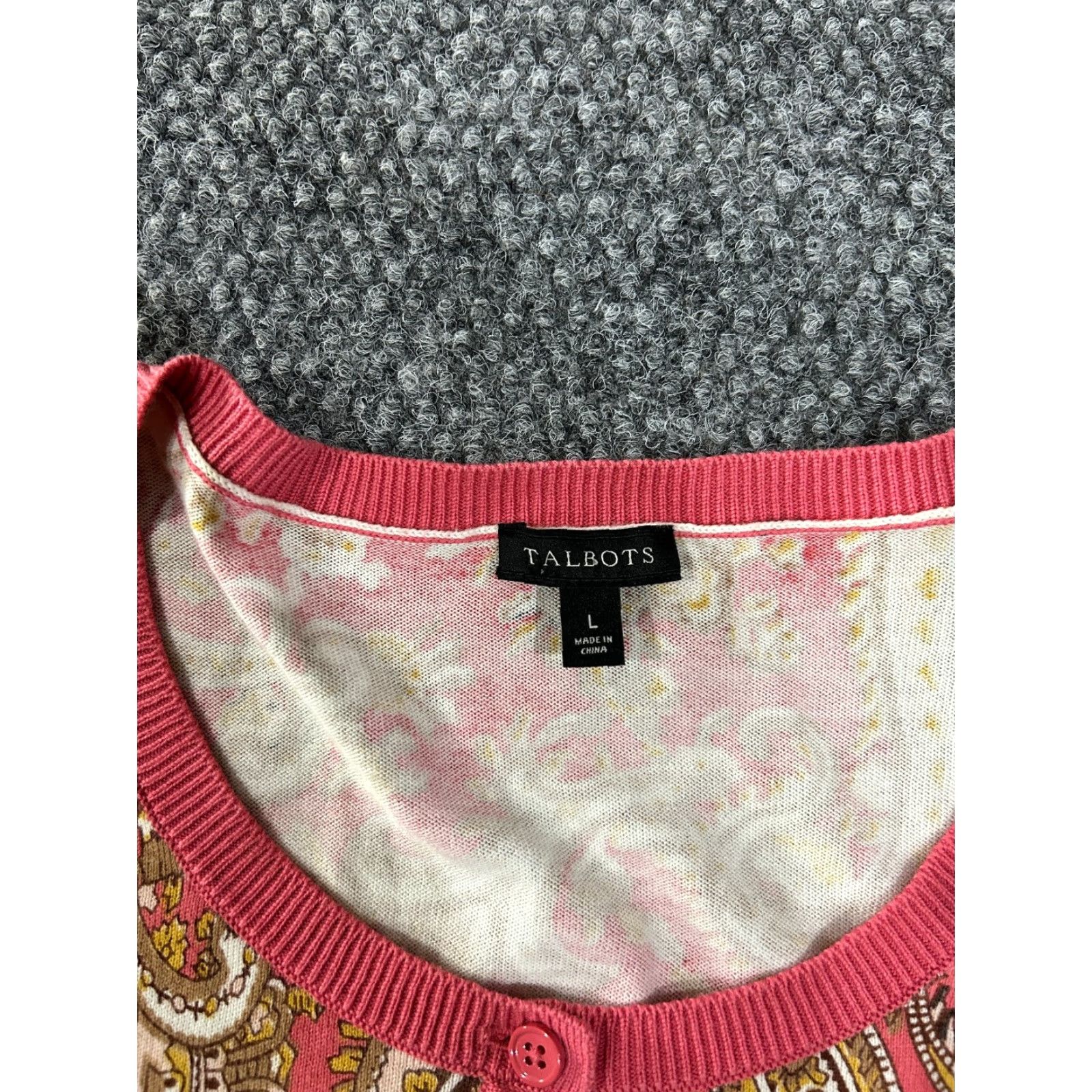Talbots Talbots Cardigan Womens Large Pink Paisley Button Front Long Sleeve Lightweight Crew Neck Knit Cotton Regular Fit Size L / US 10 / IT 46 - 3 Thumbnail