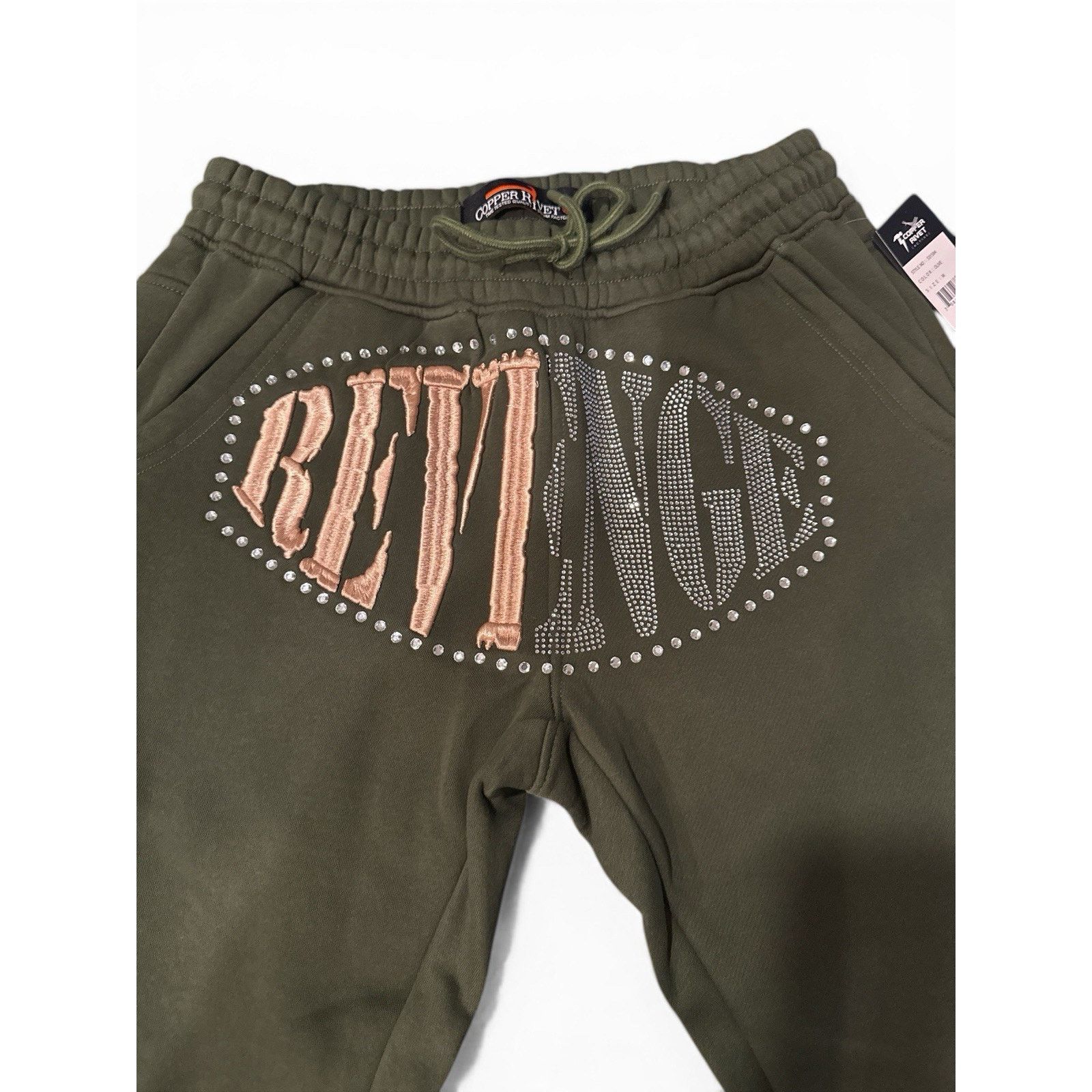 Black Rivet Copper Rivet Men's Olive Flared Terry Joggers Rhinestones M Size US 34 / EU 50 - 4 Thumbnail